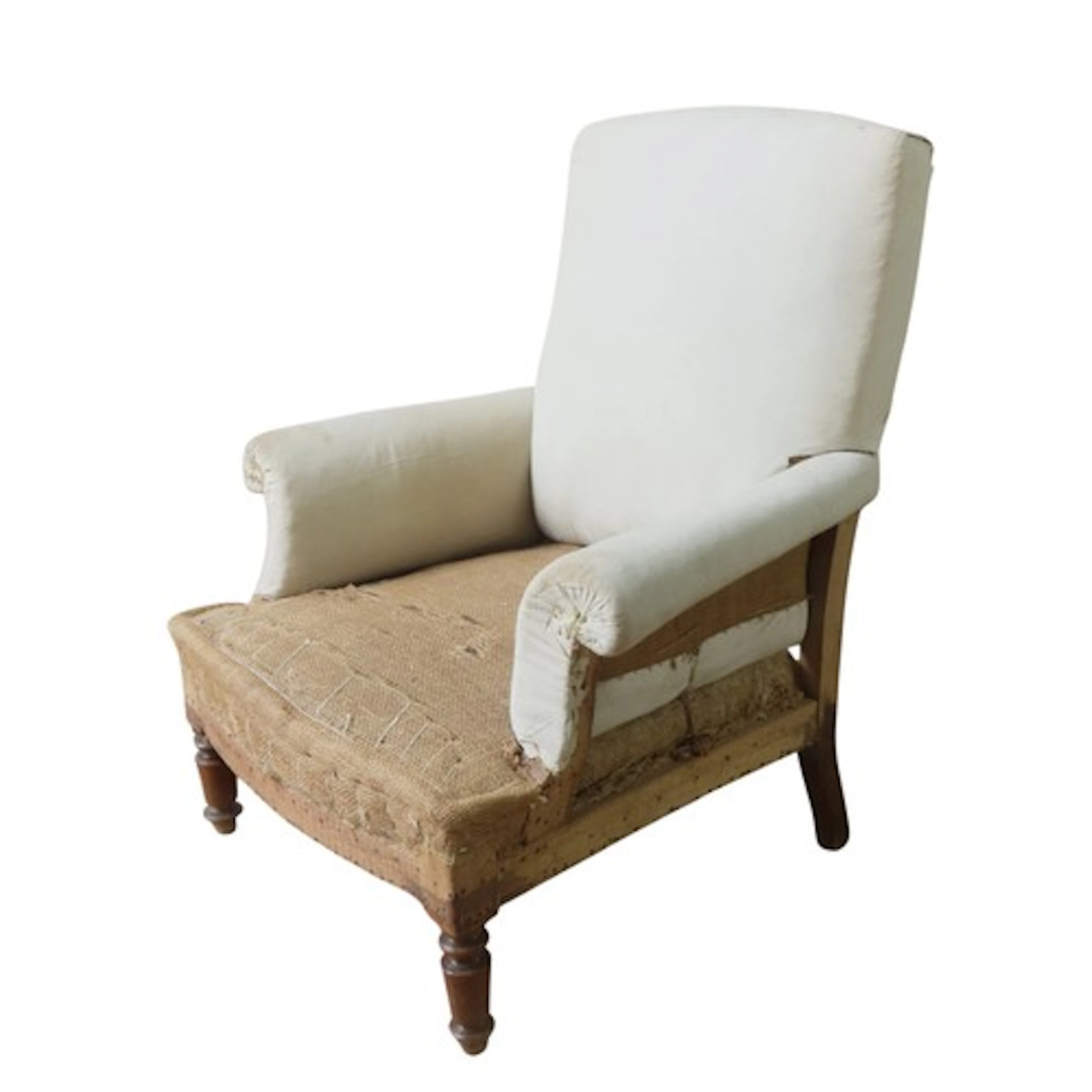 A 19TH CENTURY FAUTEIL with arch back and out scrolling arms...