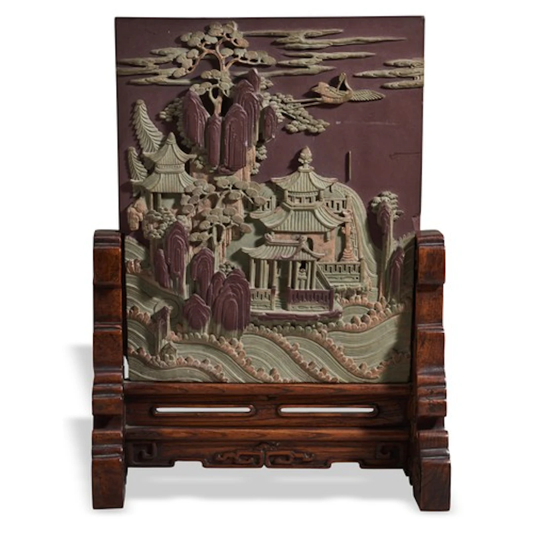 A GOOD CARVED 'DUAN' STONE 'PENGLAI' SCREEN QING DYNASTY, 19...