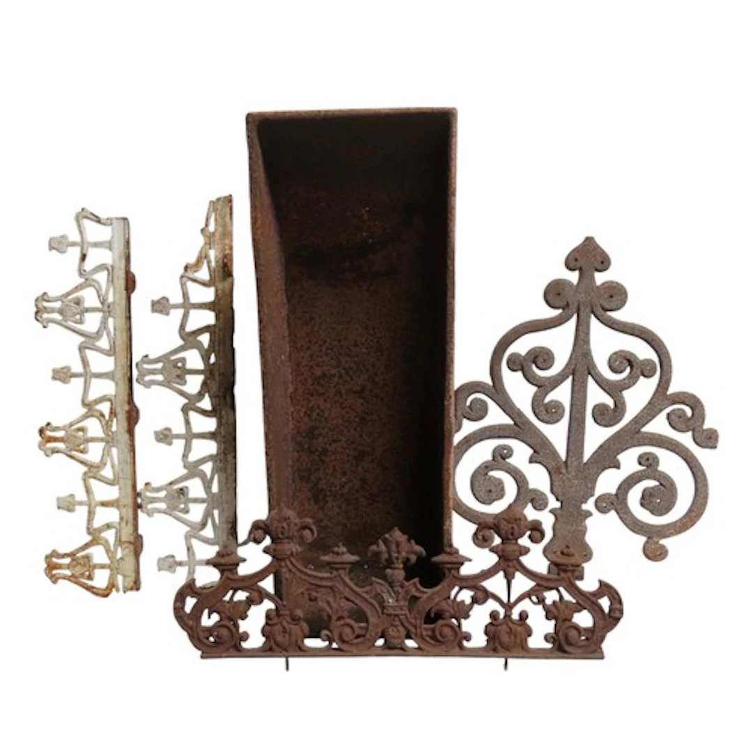A VINTAGE CAST-IRON RECTANGULAR TROUGH together with various...
