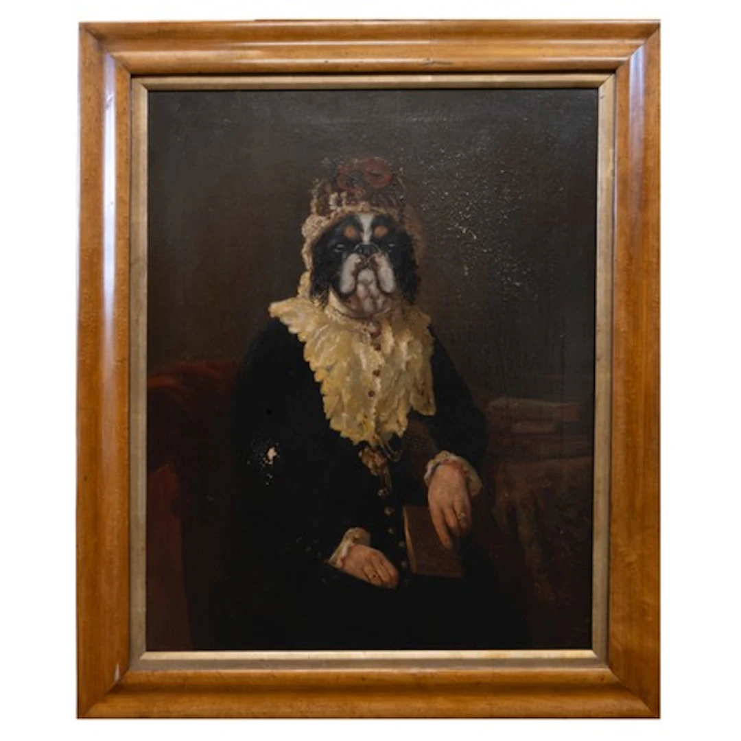 A 19TH CENTURY ANTHROPOMORPHIC PORTRAIT OIL PAINTING ON CANV...