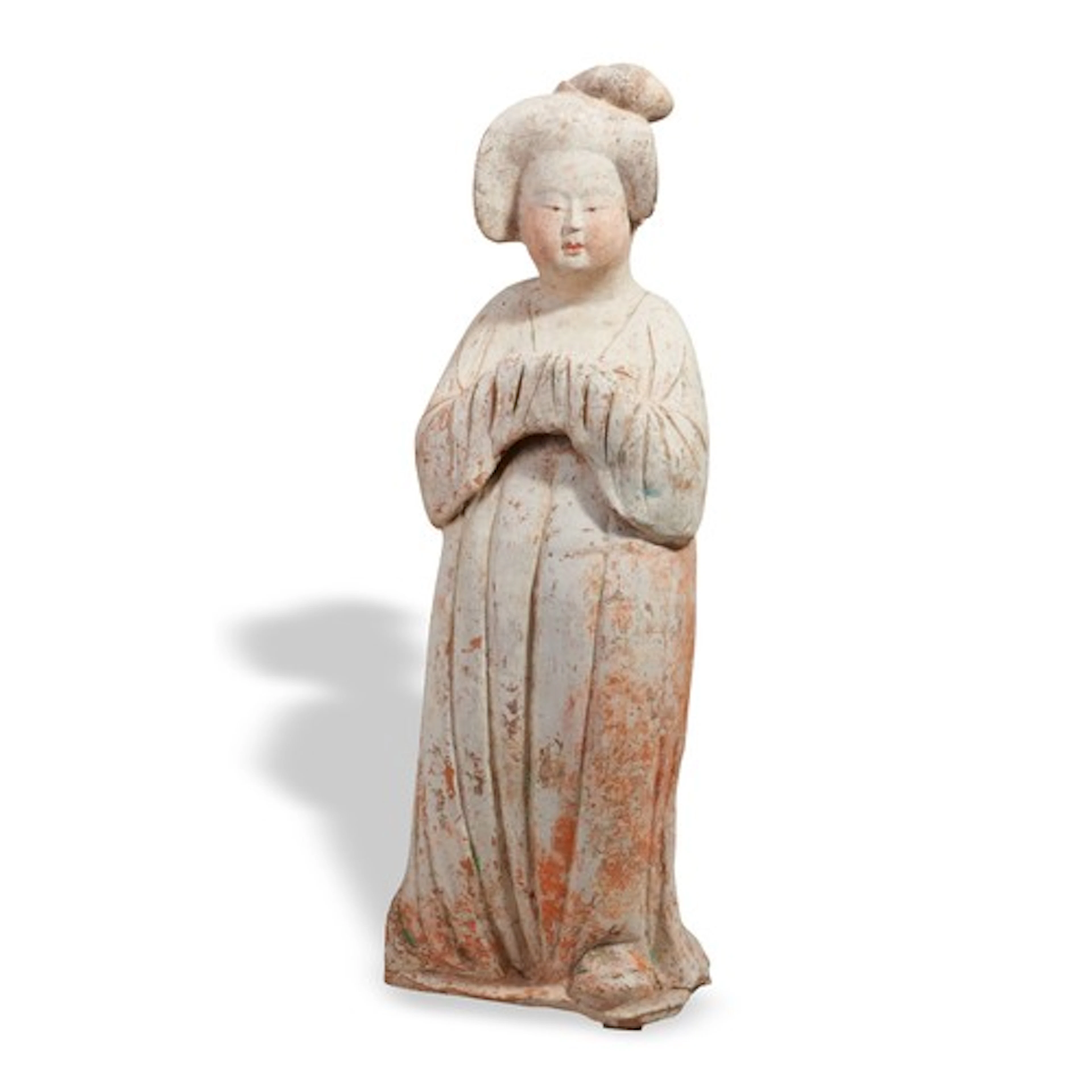 A LARGE PAINTED POTTERY FIGURE OF A COURT LADY TANG DYNASTY ...