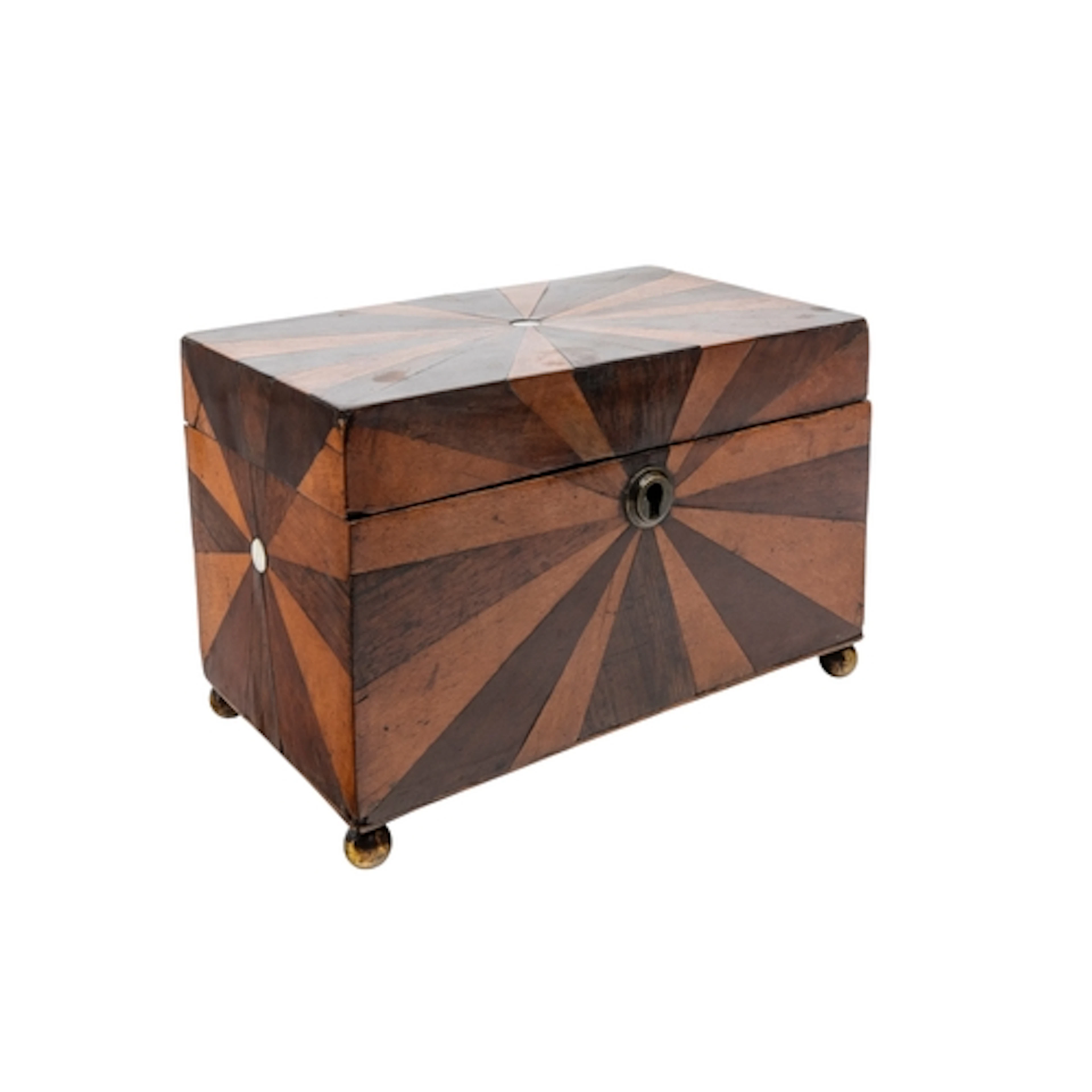 A LATE GEORGE III PARQUETRY TEA CADDY CIRCA 1810 The hinged ...