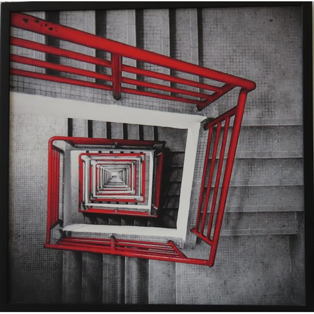 SCREENPRINT ON CANVAS OF STAIRWELL inscribed verso 'By Eloa....