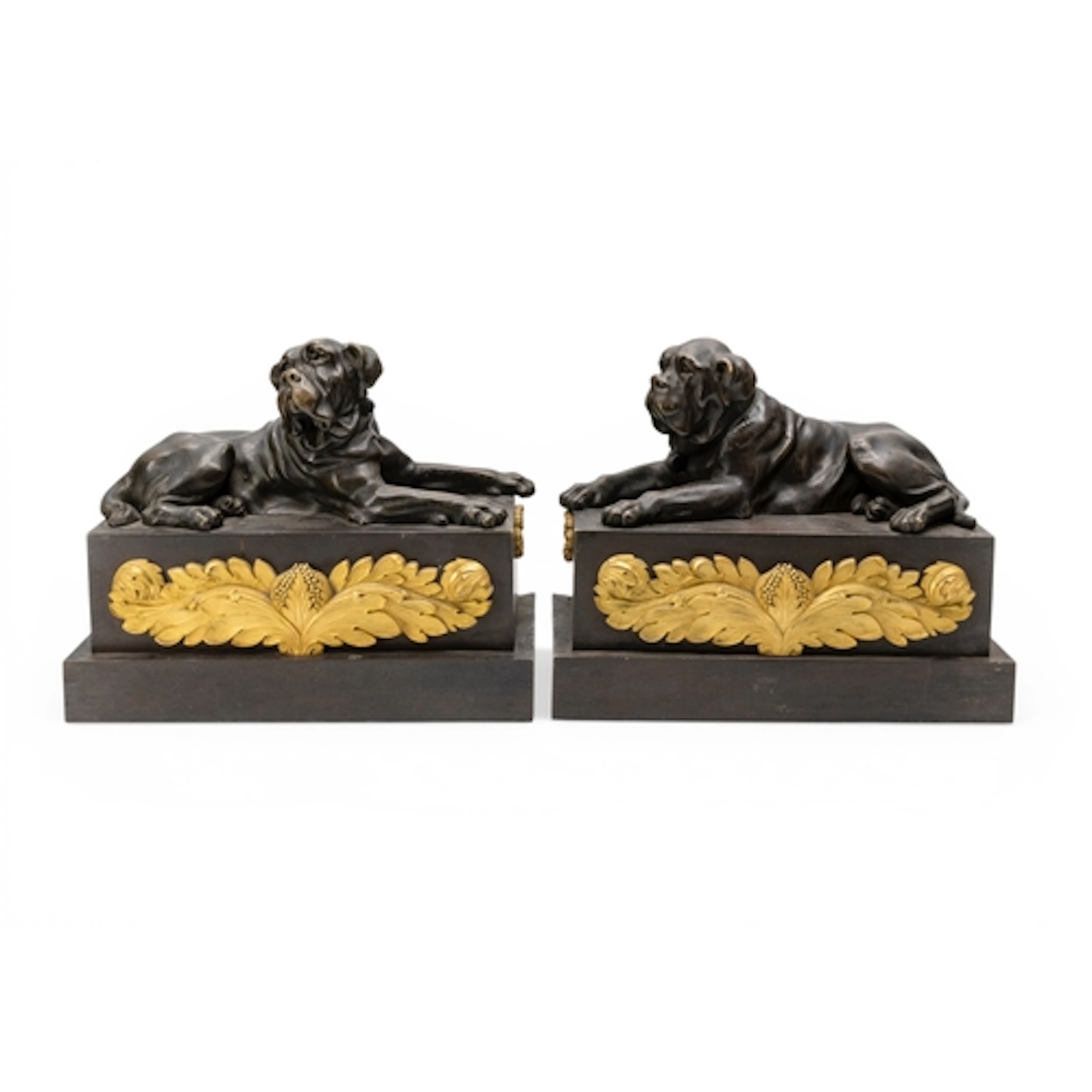 A PAIR OF FRENCH BRONZE CHENET cast as Mastiffs and decorate...