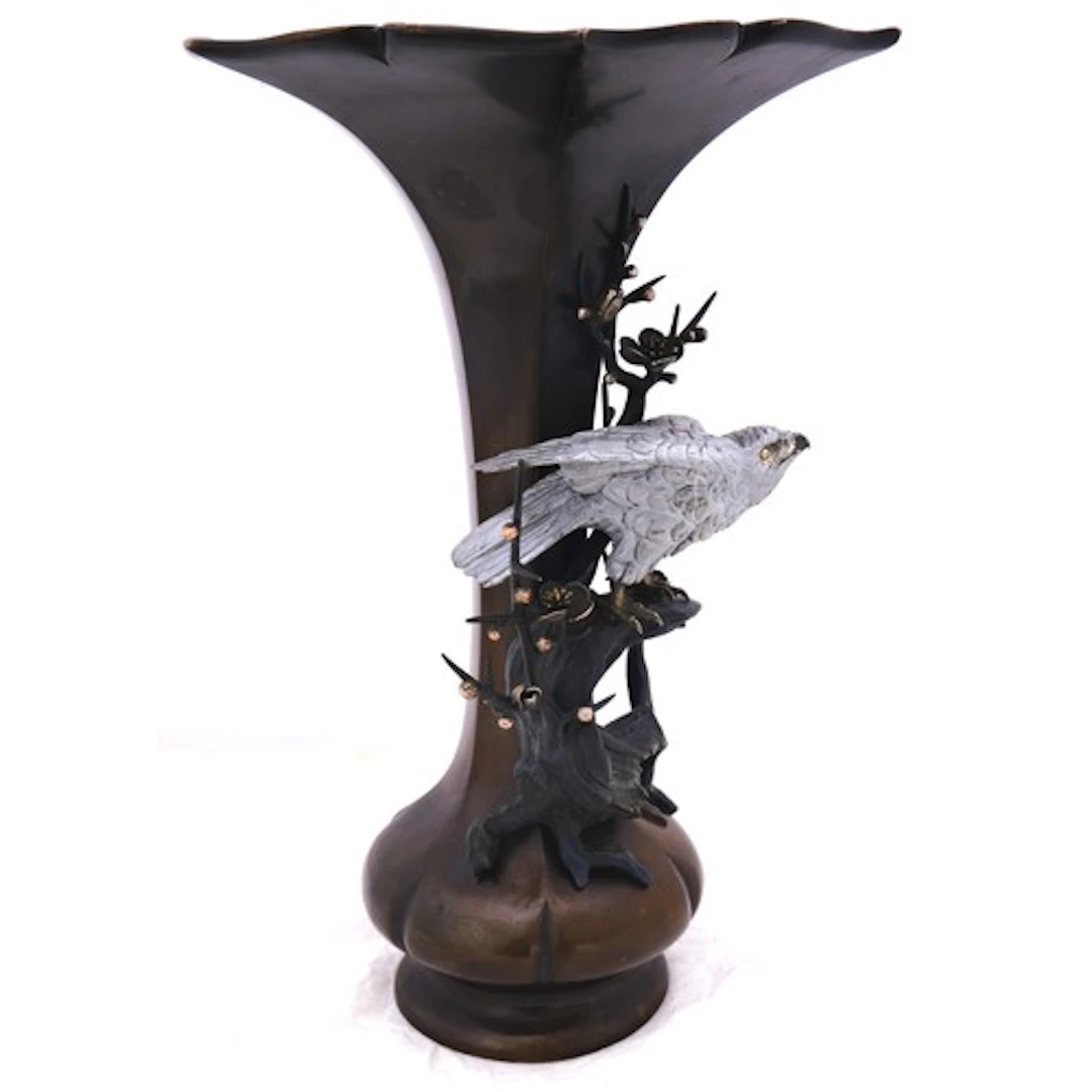 A JAPANESE BRONZE AND MIXED METAL VASE 20TH CENTURY the flar...