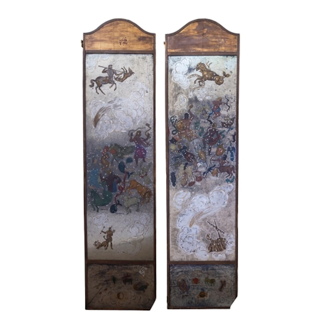 A VERRE EGLOMISE REVERSE PAINTED BI-FOLD SCREEN MID 20TH CEN...
