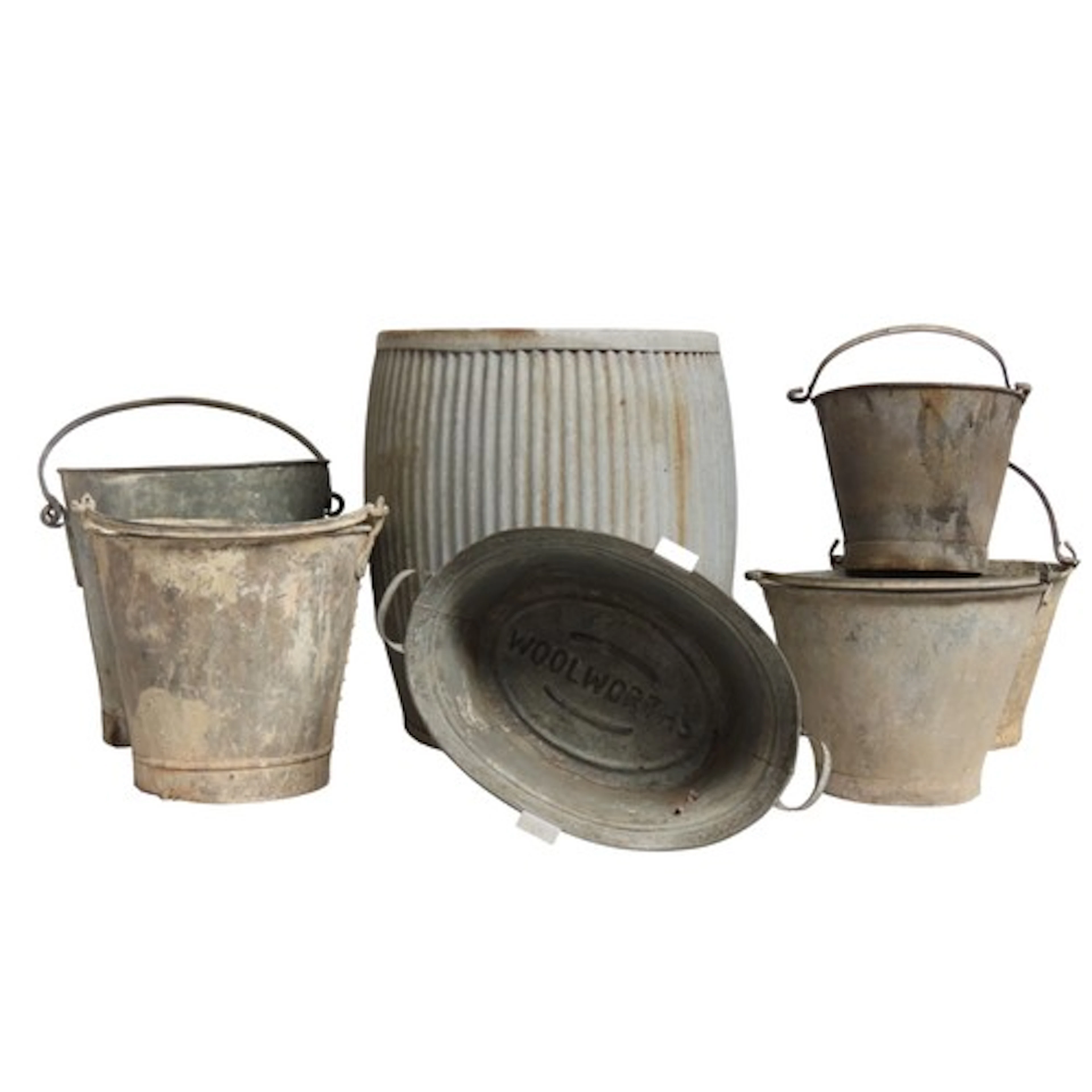 A RIBBED GALVANISED METAL DOLLY TUB AND SIX VINTAGE PAILS Tu...