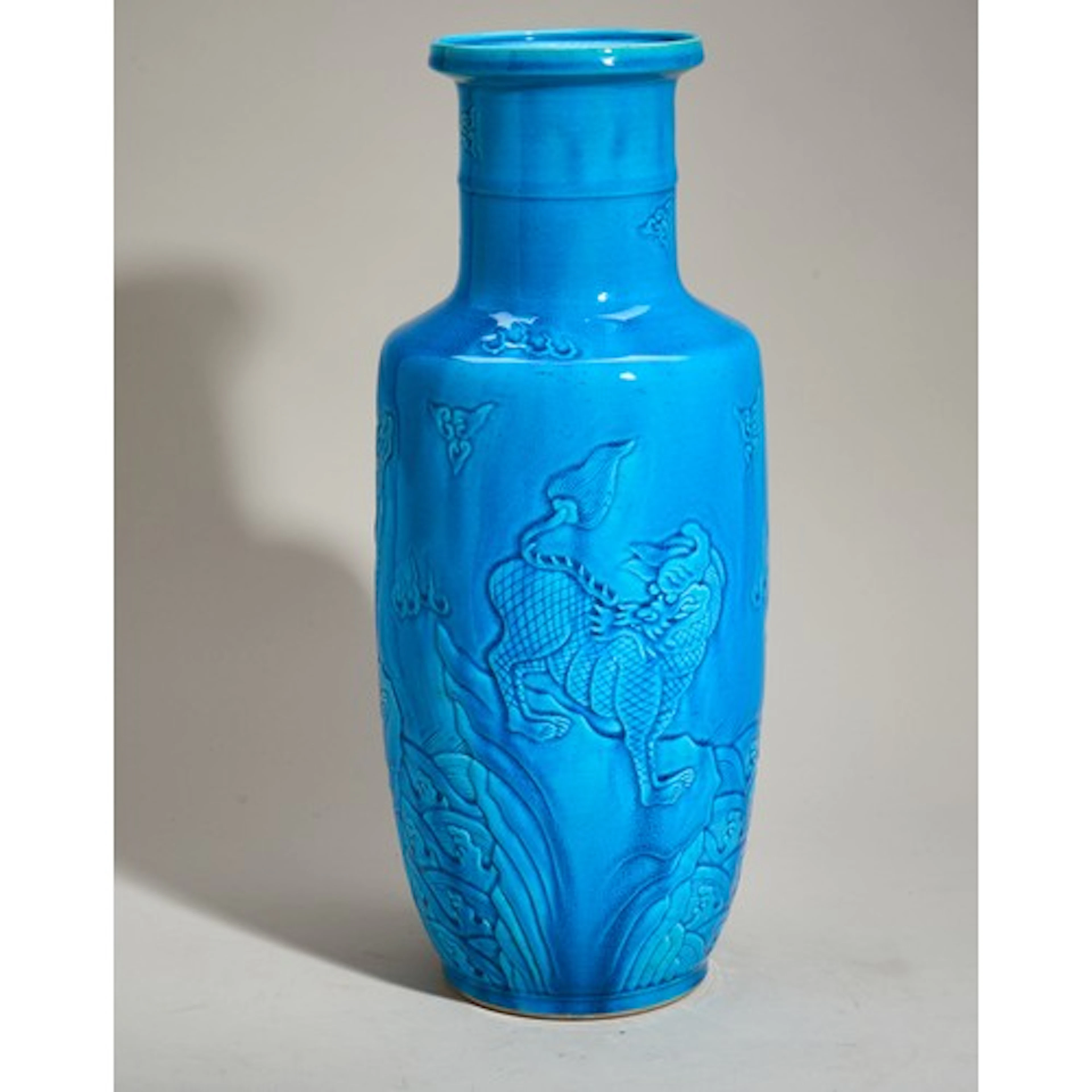 A TURQUOISE-GLAZED 'QILIN' VASE 20TH CENTURY the sides carve...