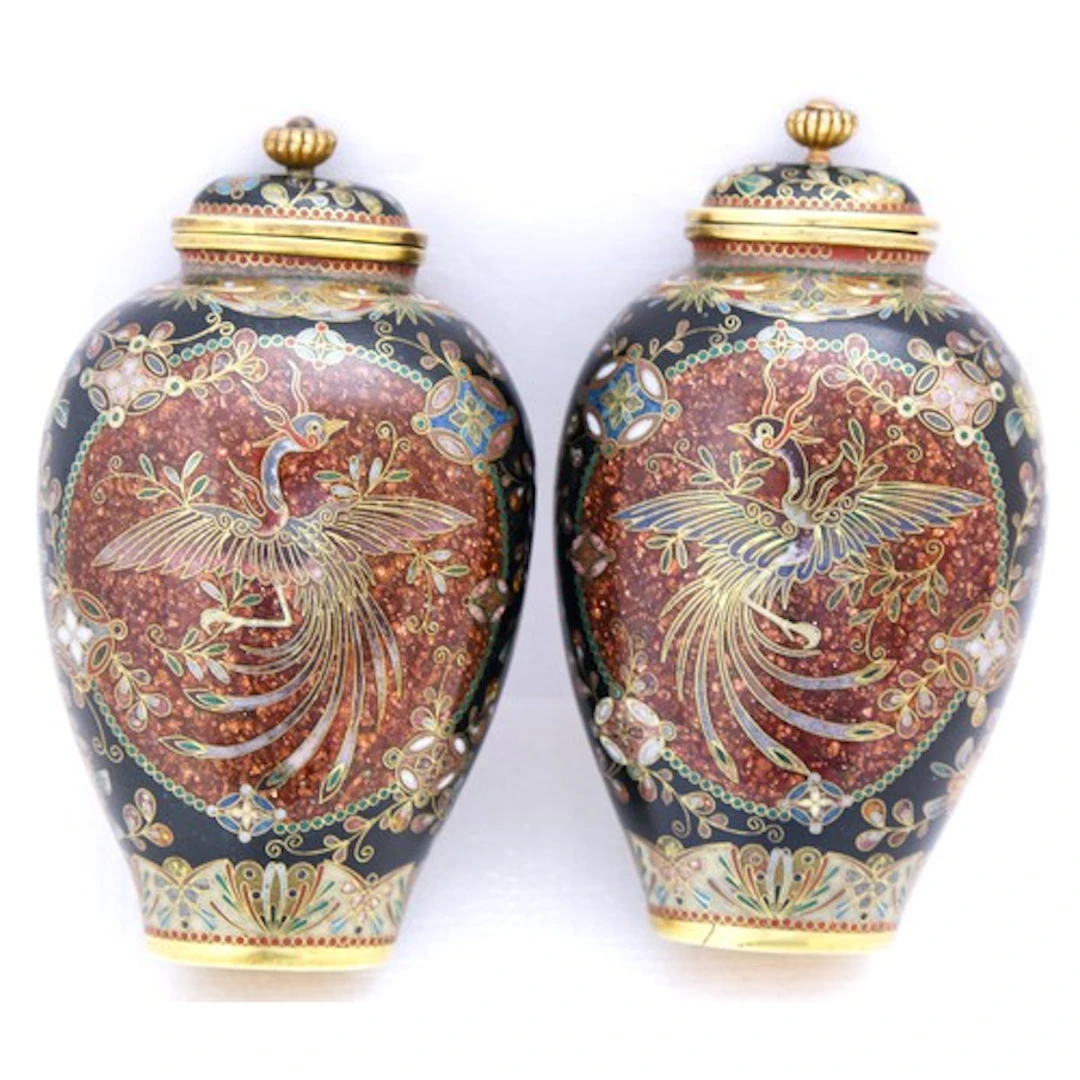 A PAIR OF FINE JAPANESE CLOISONNÉ COVERED VASES ATTRIBUTED T...