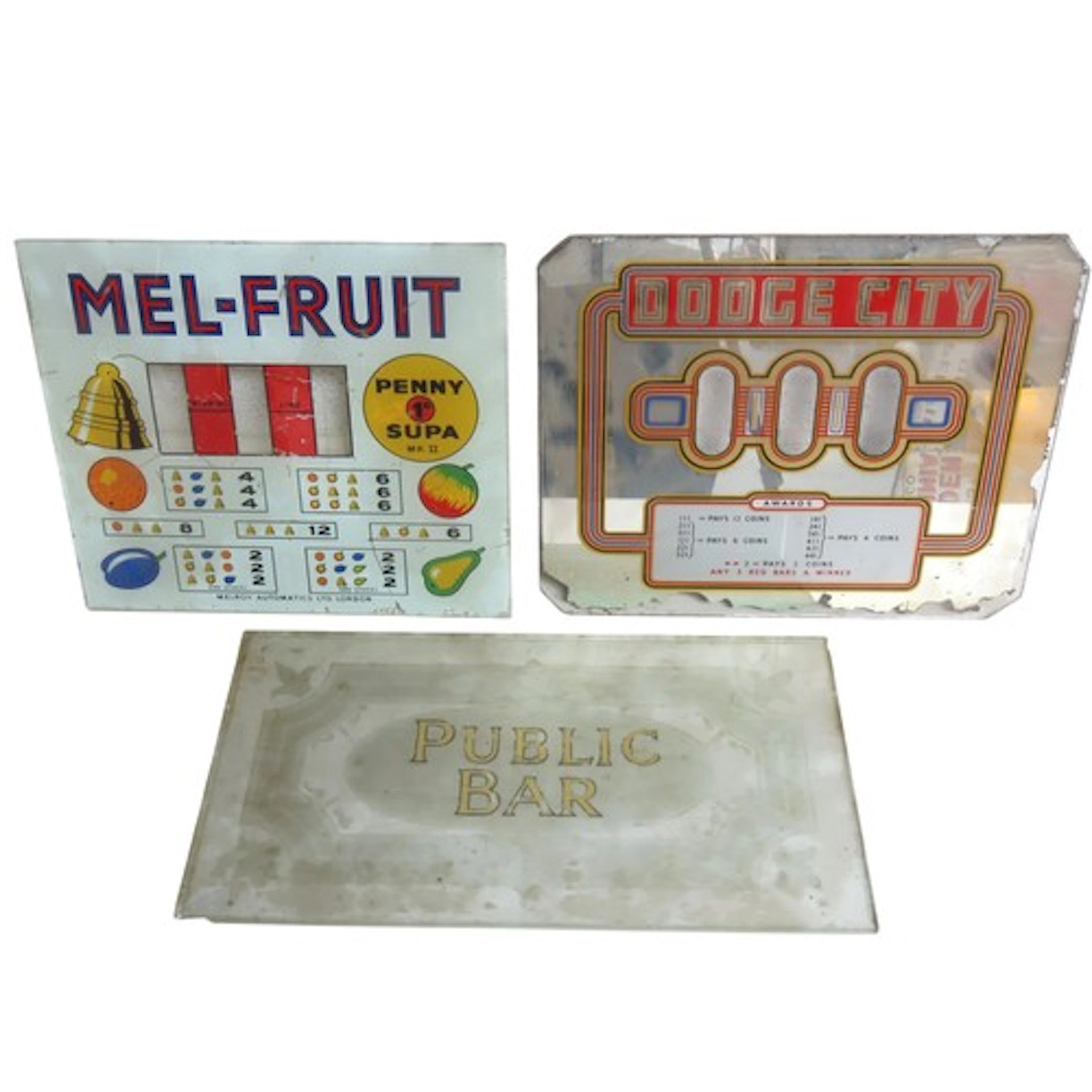 TWO FRUIT MACHINE GLASS DISPLAY PANELS CIRCA 1960 (30.5 x 37...
