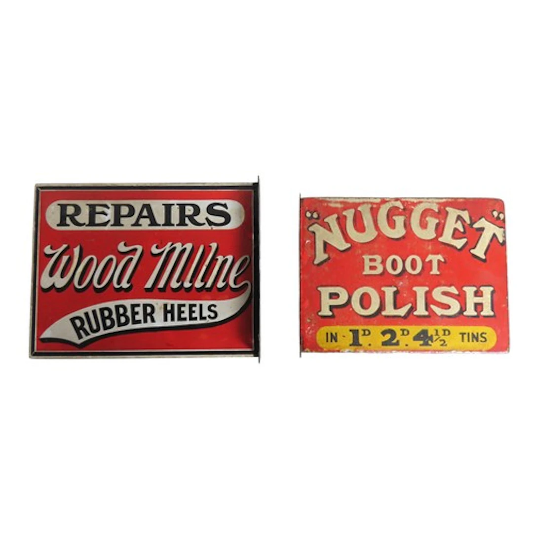 A VINTAGE DOUBLE-SIDED ENAMELED SIGN FOR WOOD MILNE REPAIRS ...