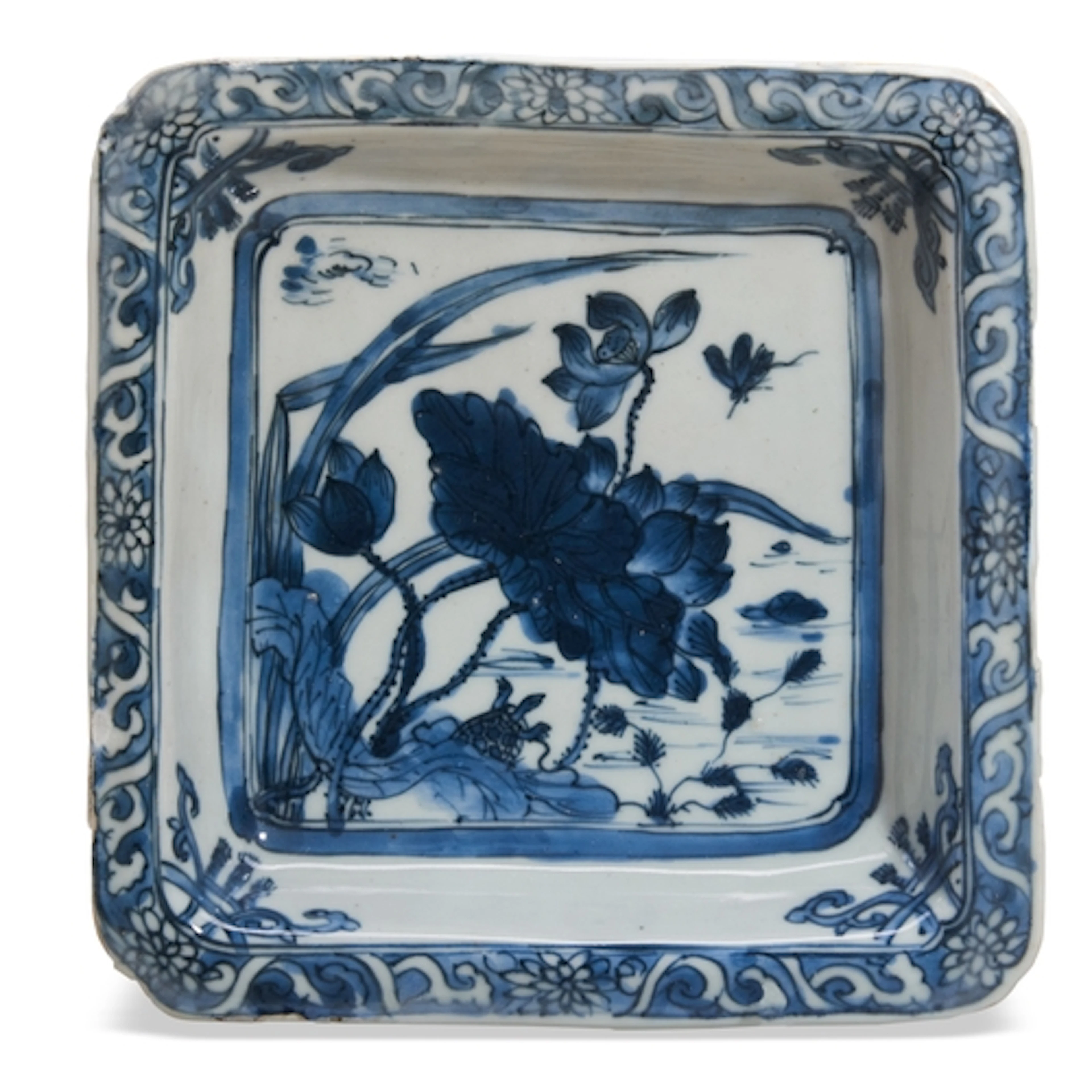 A VERY RARE BLUE AND WHITE LARGE SQUARE DEEP DISH LATE WANLI...