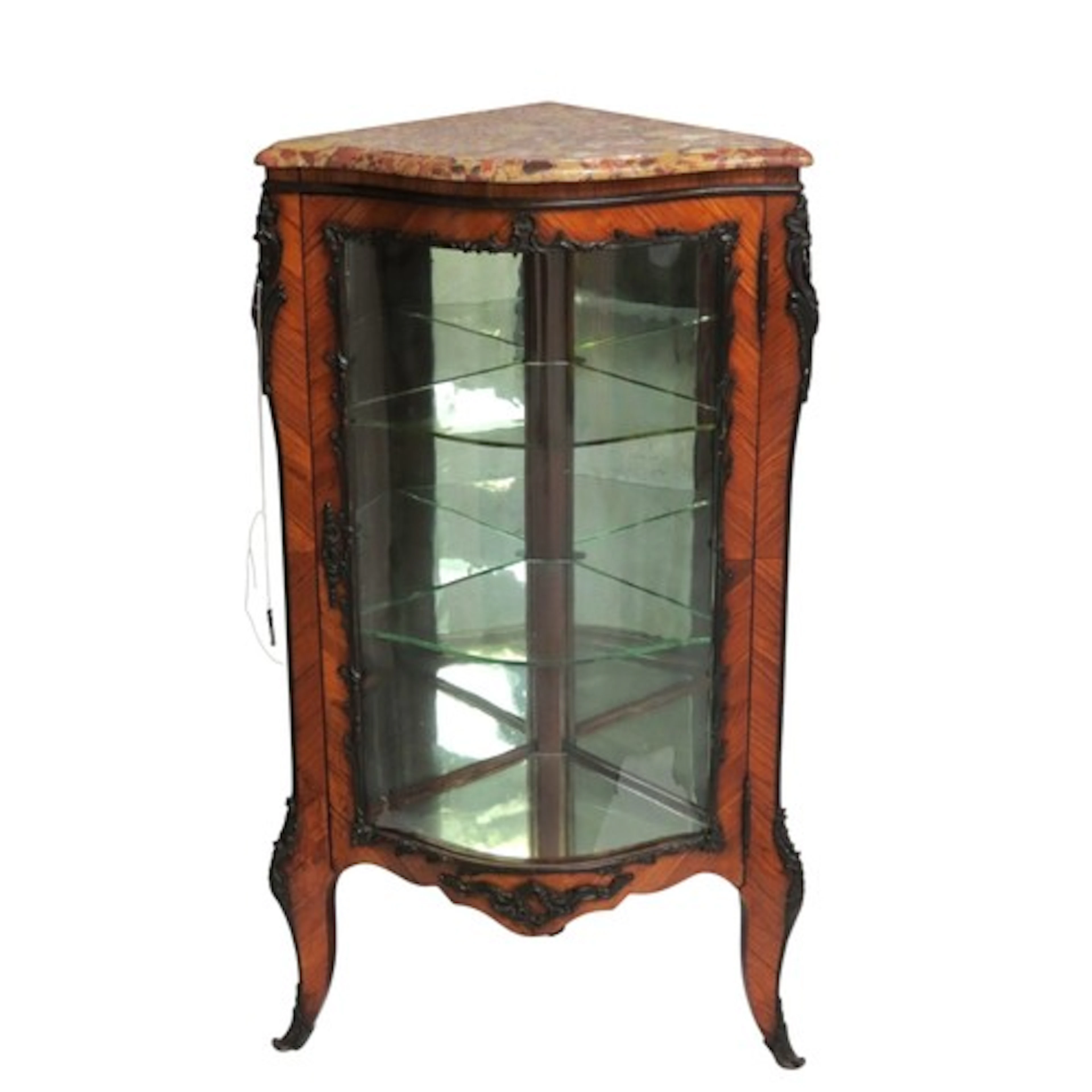 A LOUIS XVI STYLE ORMOLU MOUNTED KINGWOOD CORNER CABINET, wi...