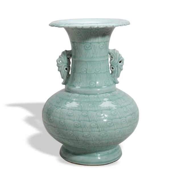 A CELADON-GLAZED TWO-HANDLED VASE QIANLONG SIX-CHARACTER SEA...