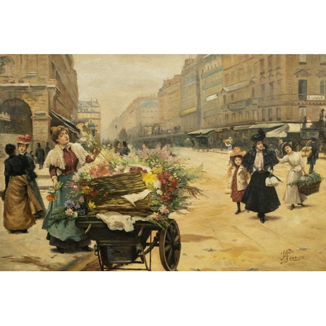 FRENCH SCHOOL, STREET SCENE OIL ON CANVAS depicting a flower...