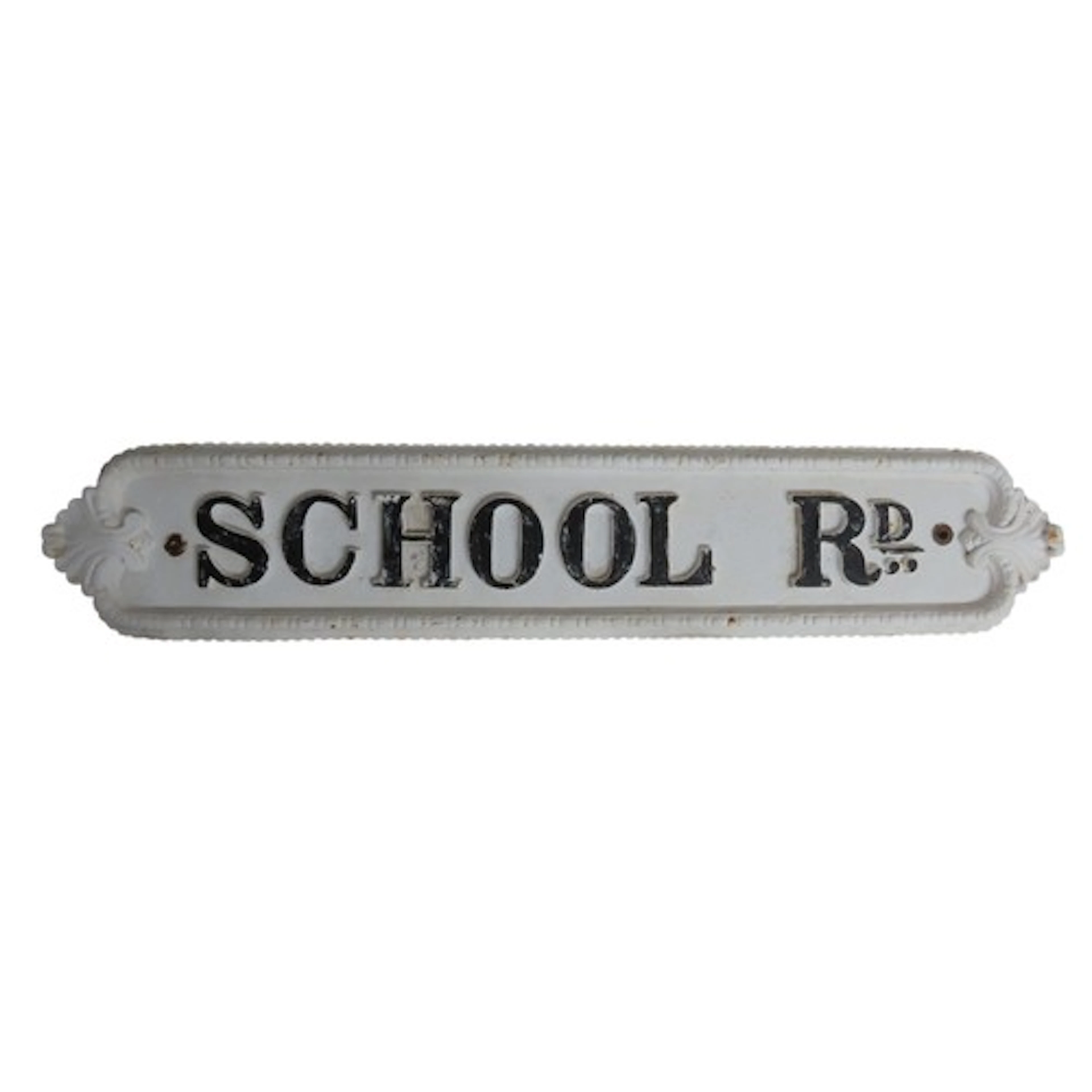 A CAST-IRON STREET SIGN inscribed 'School Rd' within a beade...