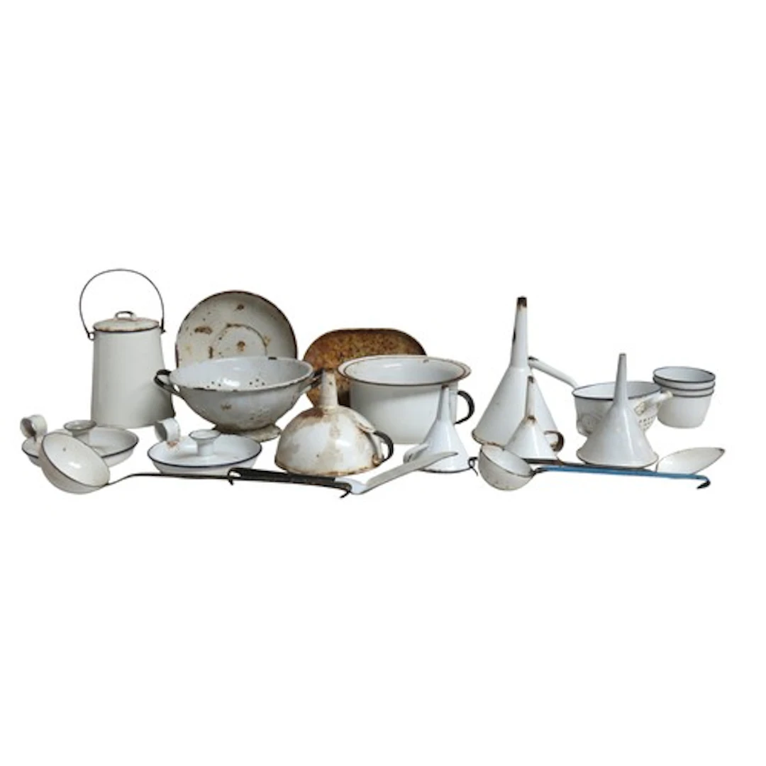 A GROUP OF VINTAGE FRENCH ENAMELLED KITCHEN WARE including a...