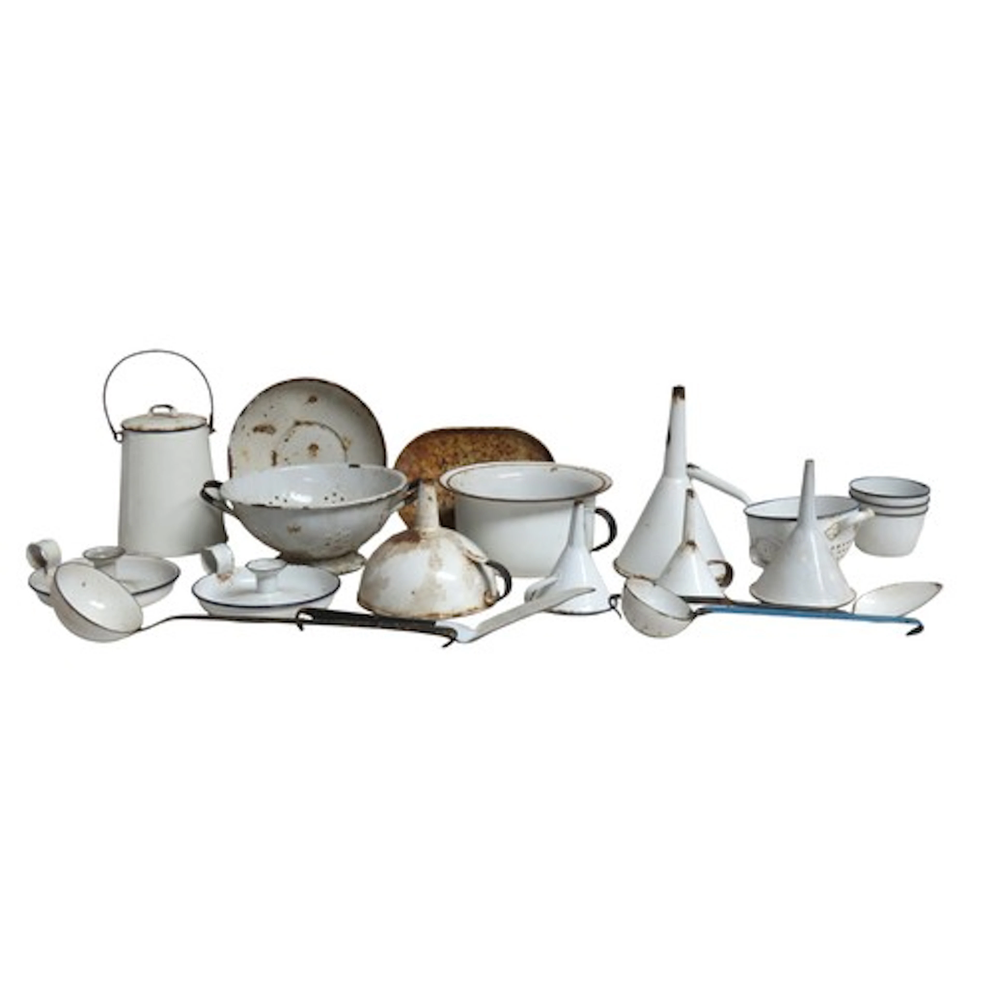 A GROUP OF VINTAGE FRENCH ENAMELLED KITCHEN WARE including a...