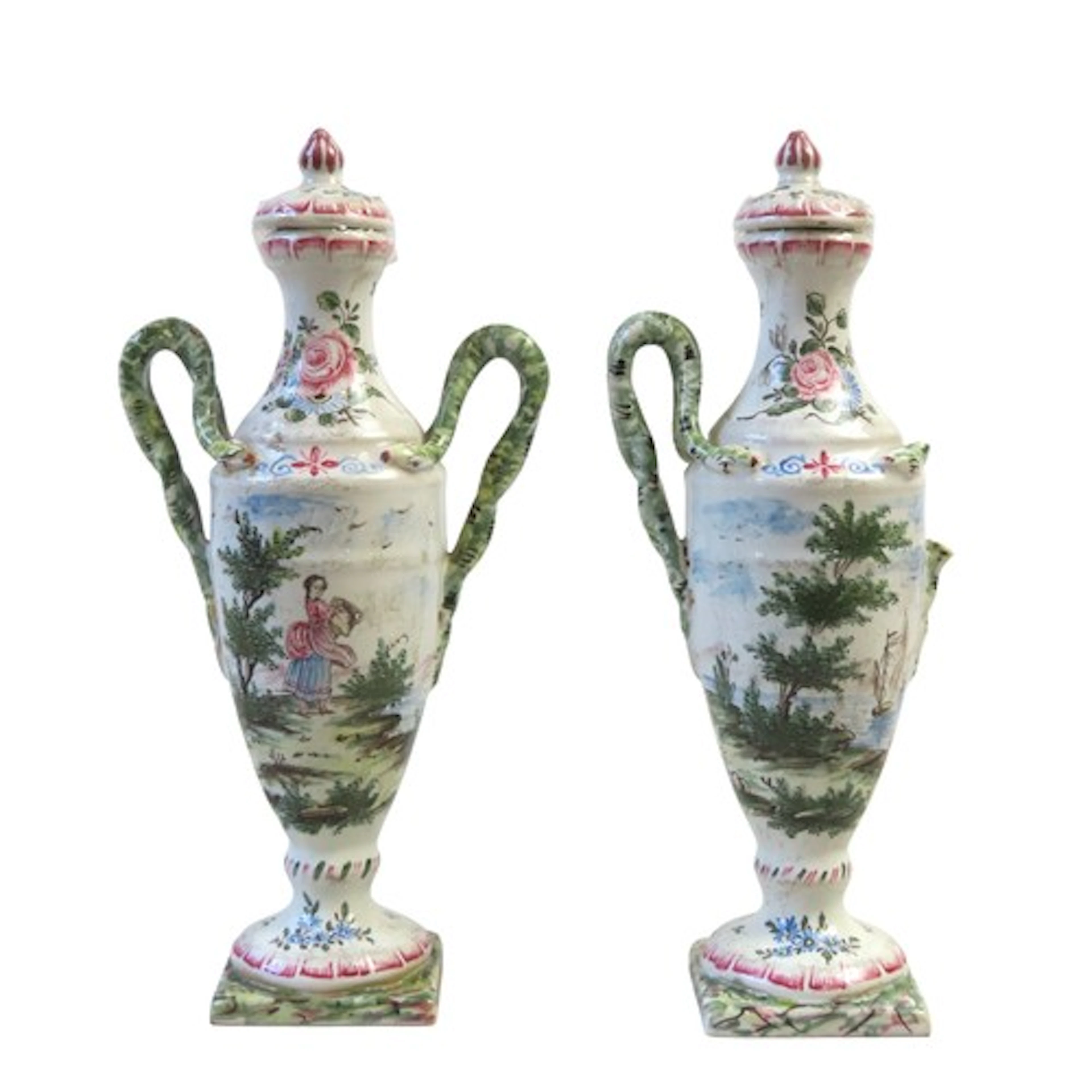 A PAIR OF VEUVE PERRIN FAIENCE COVERED VASES MID 18TH CENTUR...