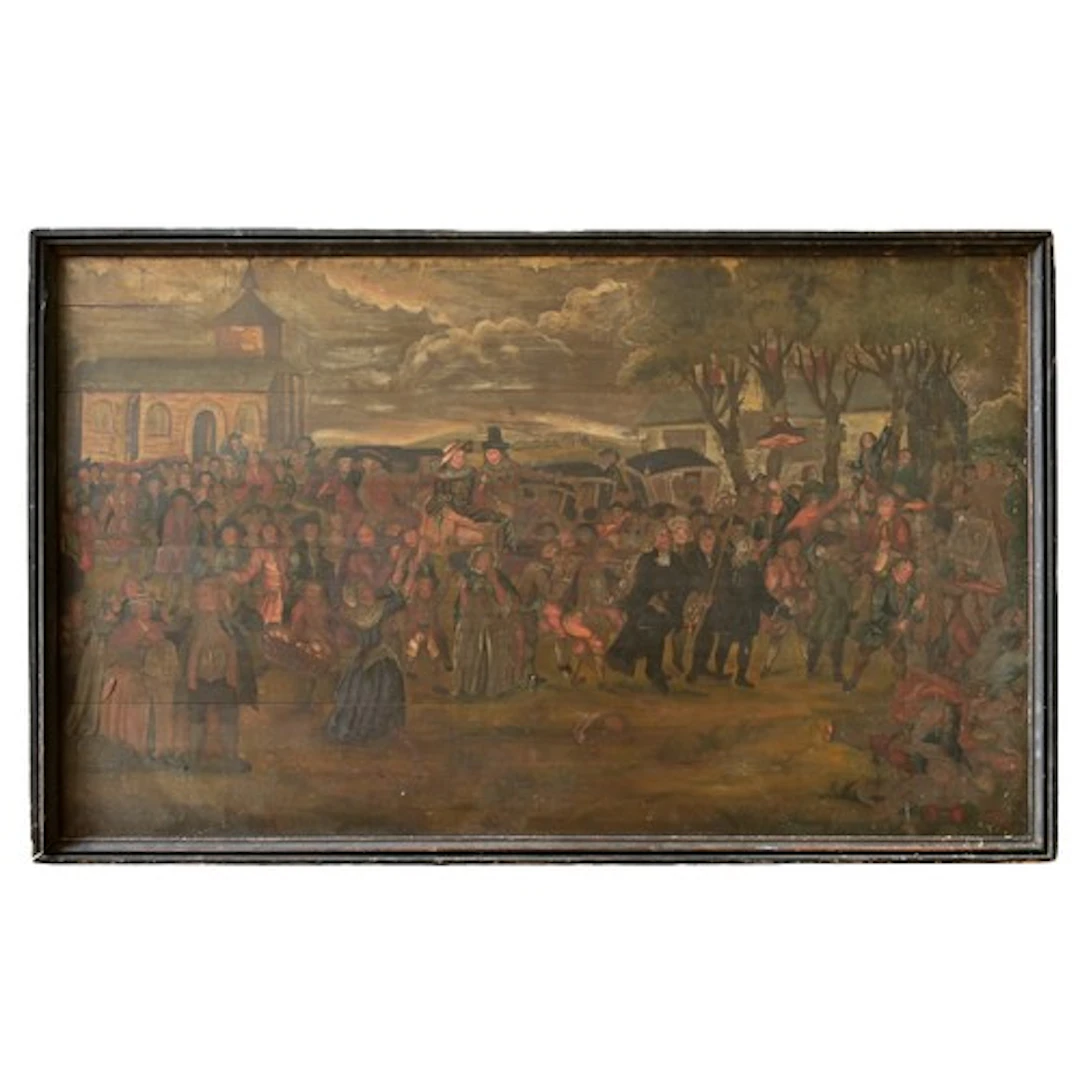 A LARGE AMERICAN FOLK ART OIL PAINTING ON BOARD depicting a...