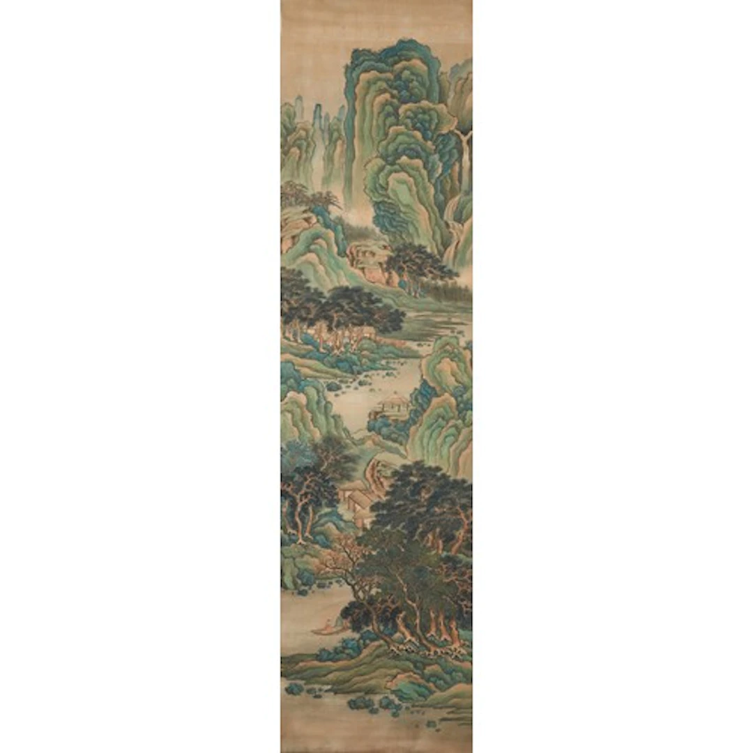 SCHOLAR FISHING IN VERDANT MOUNTAINS 19/20TH CENTURY 青绿山水挂轴 ...