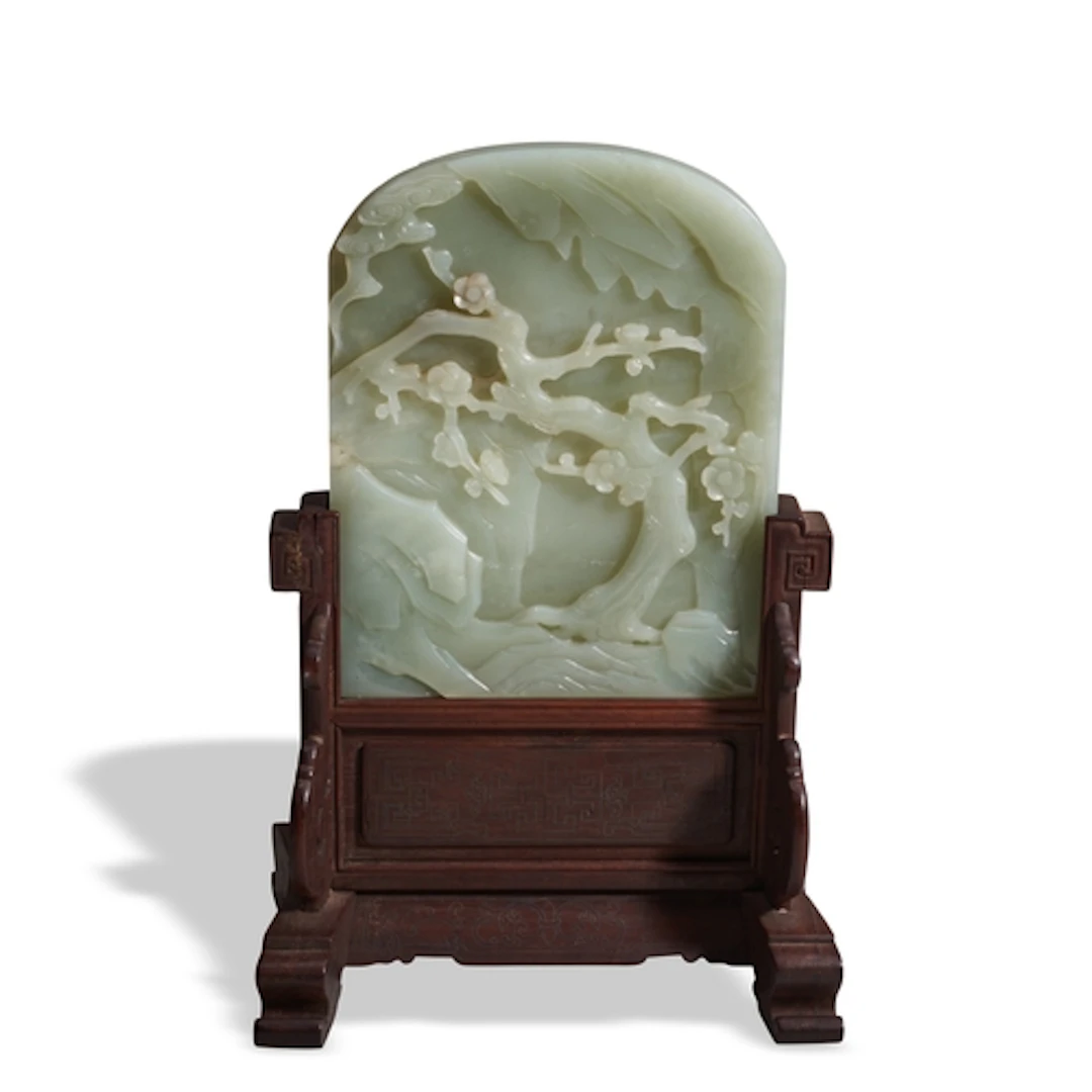 AN INSCRIBED CELADON JADE TABLE SCREEN 19TH / 20TH CENTURY 青...