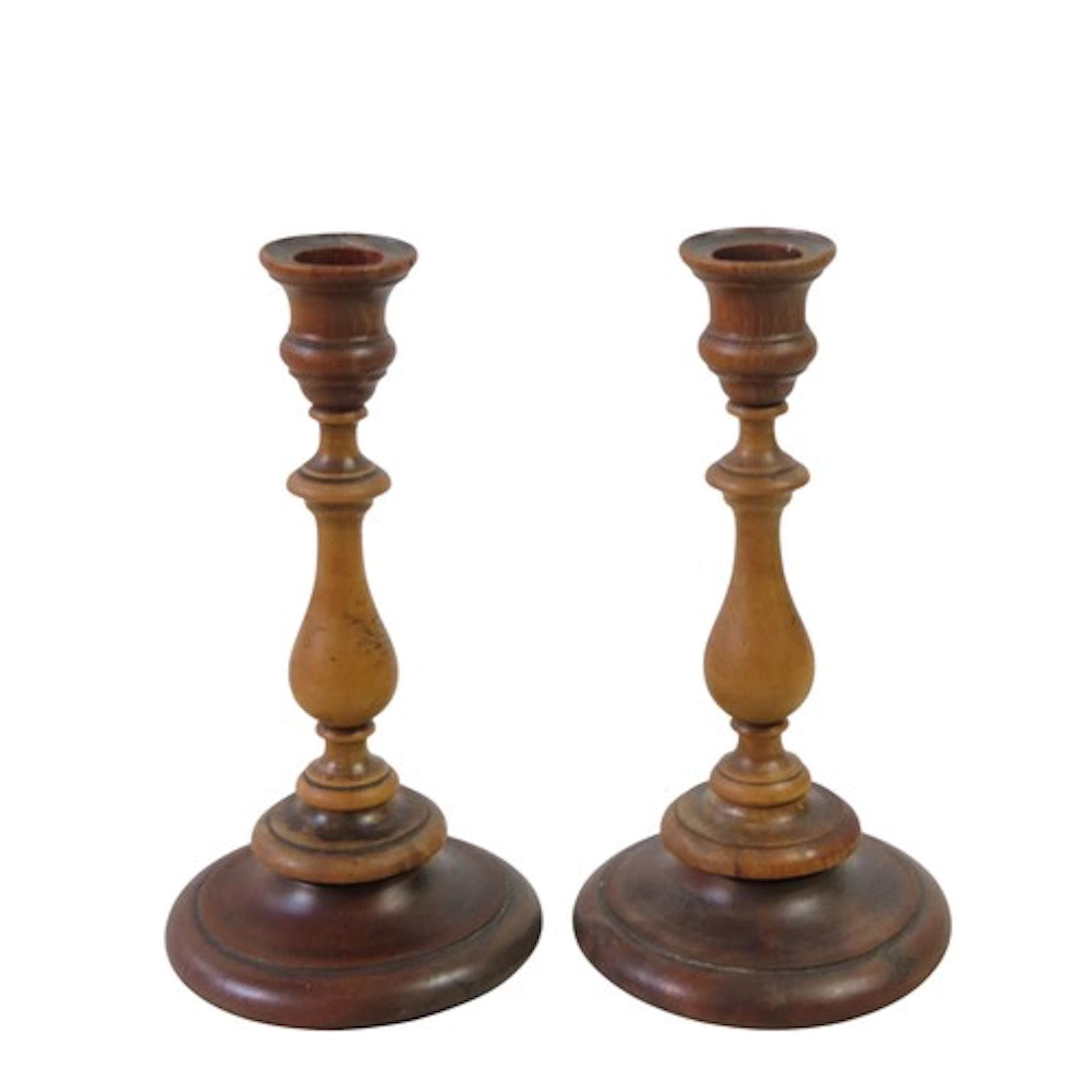 A PAIR OF ELEGANT HAND TURNED WOODEN CANDLESTICKS 19TH CENTU...
