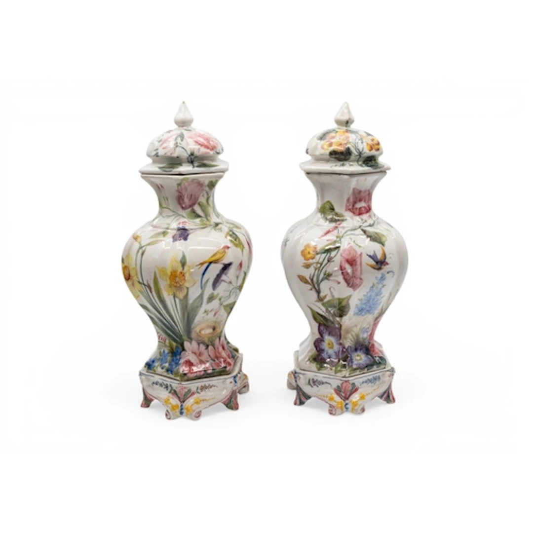 A PAIR OF ITALIAN NOVE VASES hand painted with flowers and b...