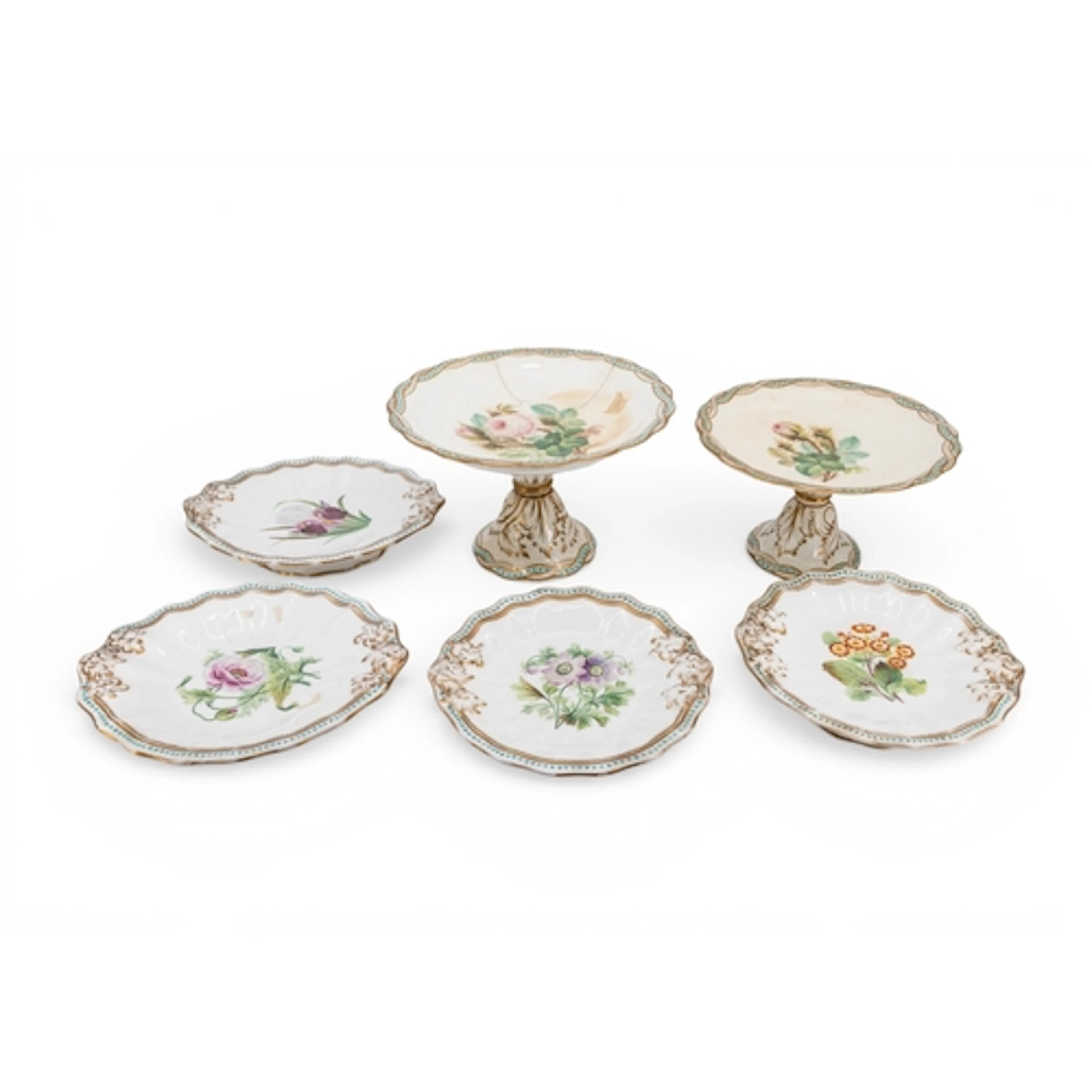 A MINTON STYLE DESSERT SERVICE comprising two oval comports ...