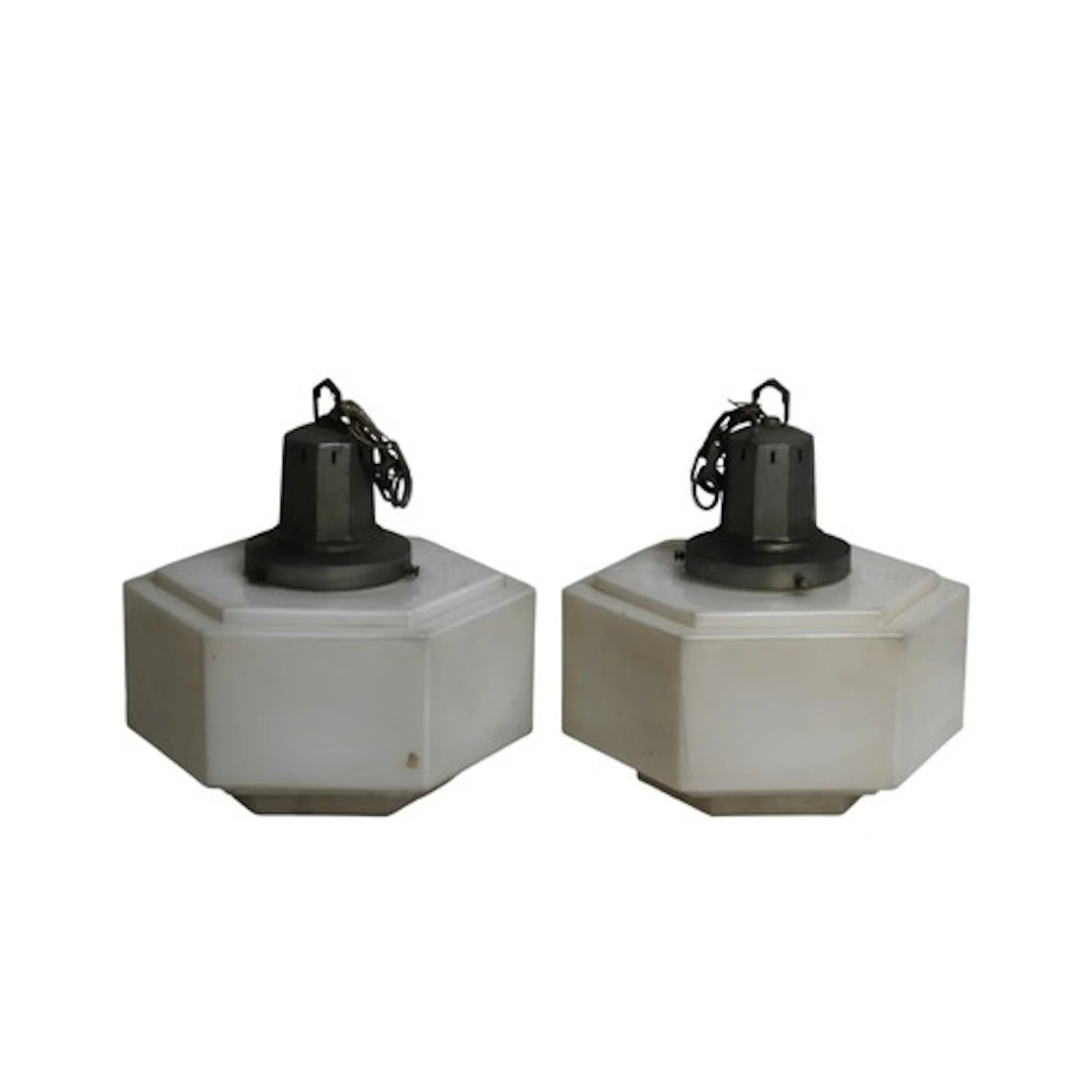 A PAIR OF VINTAGE HEXAGONAL PENDANT LIGHTS 38 x 38 cm