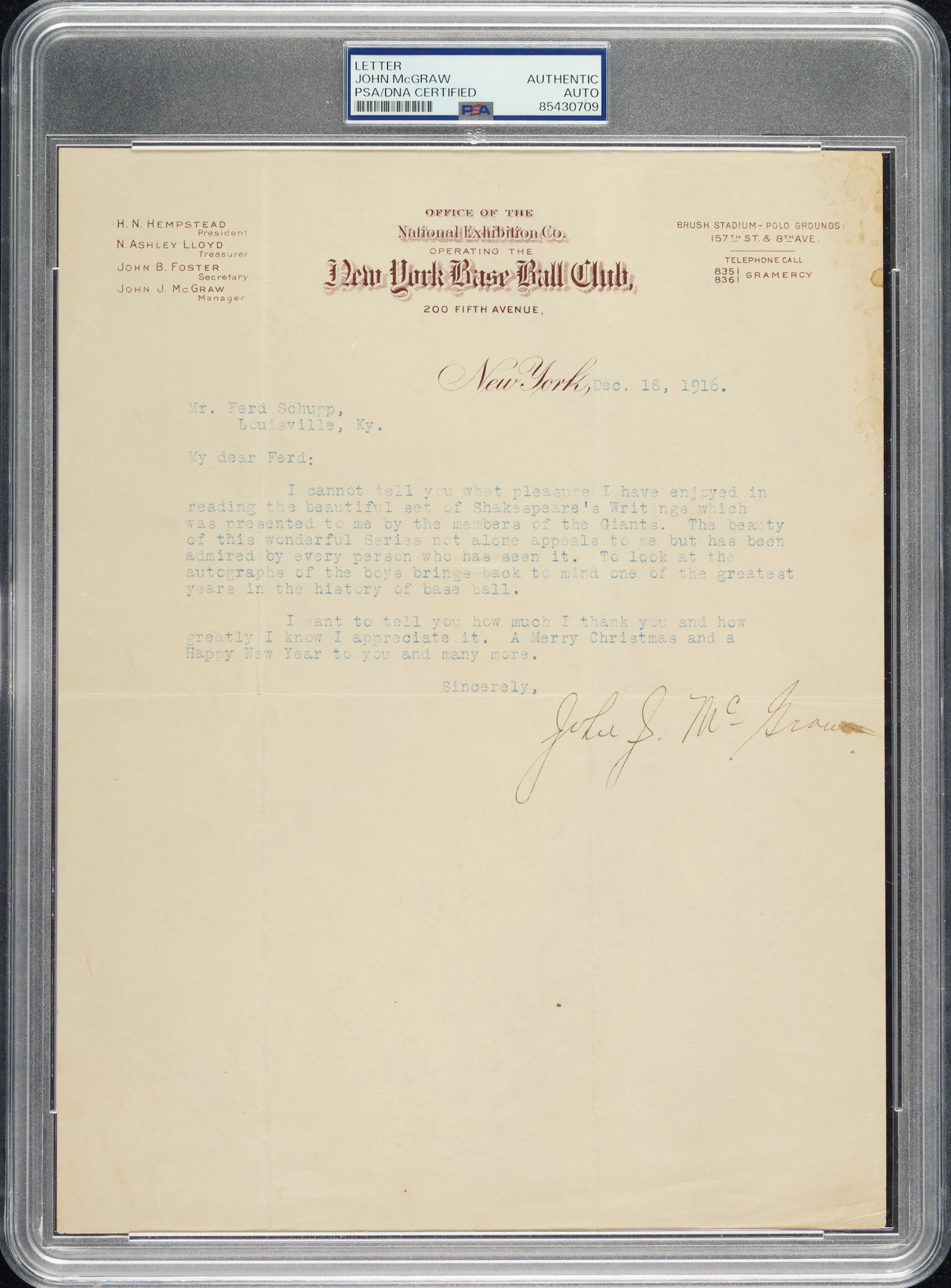 1916 John McGraw Signed Letter - PSA/DNA & JSA