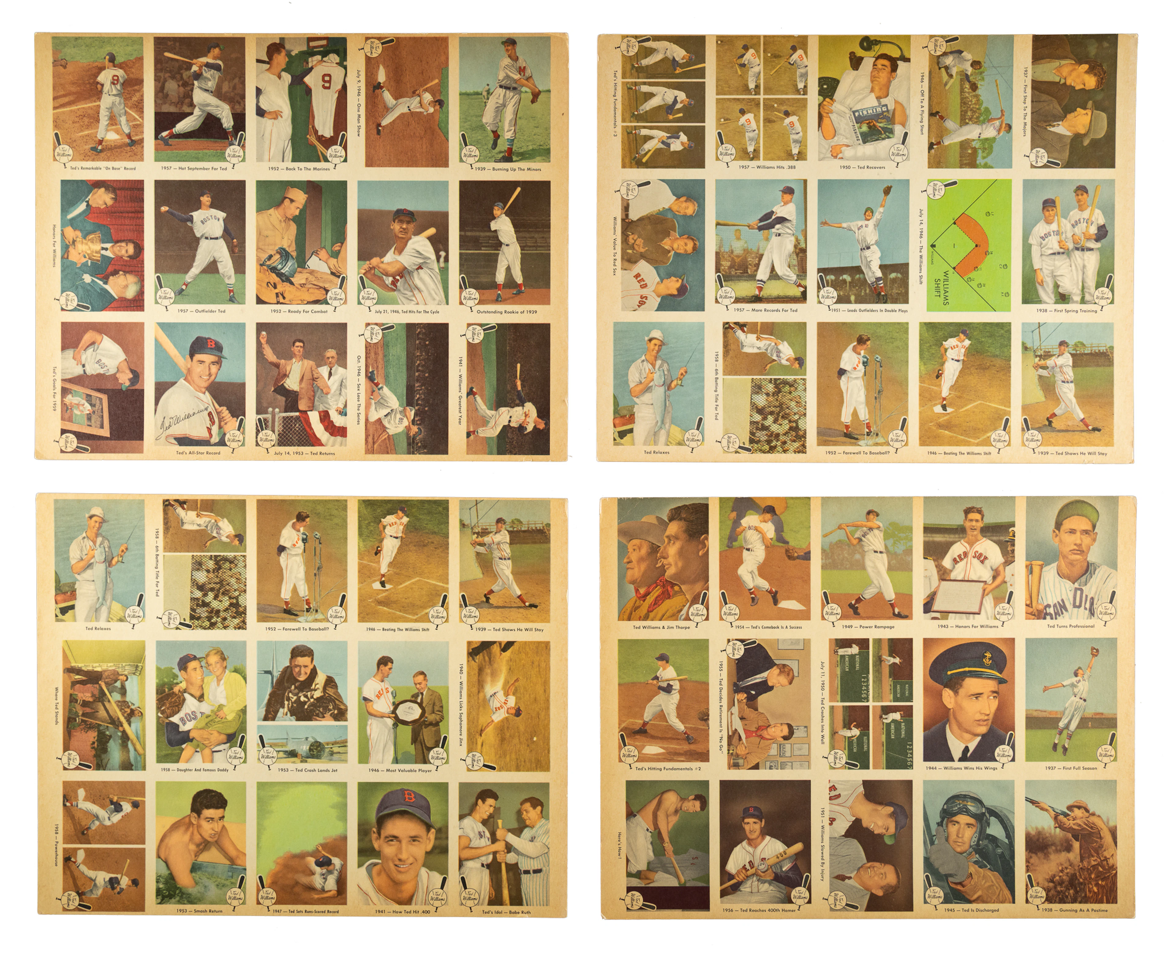 1959 Fleer Ted Williams Uncut Panel Collection (4 Panels, 60 Cards)