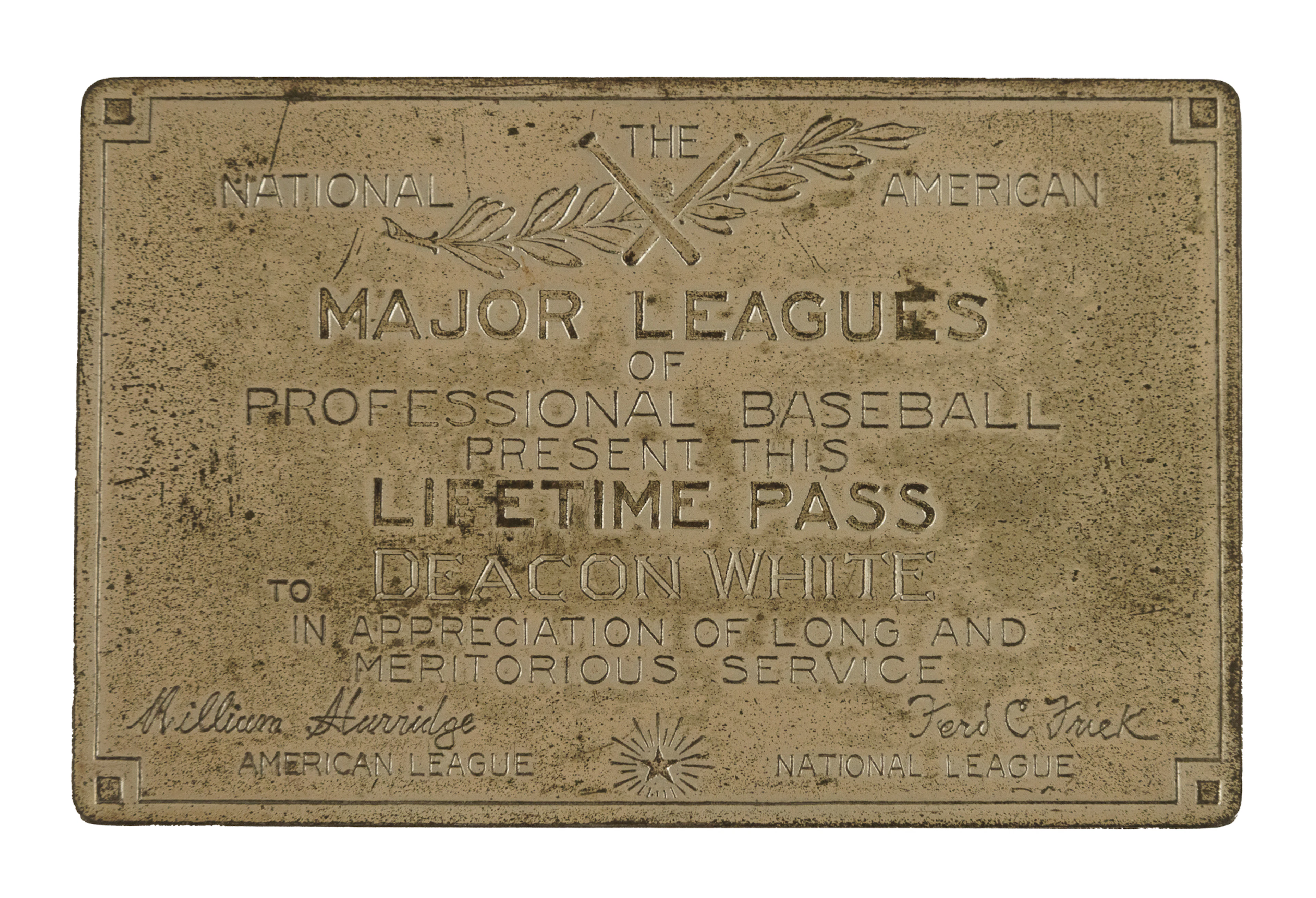 Deacon White Major League Lifetime Pass with Original Presentation