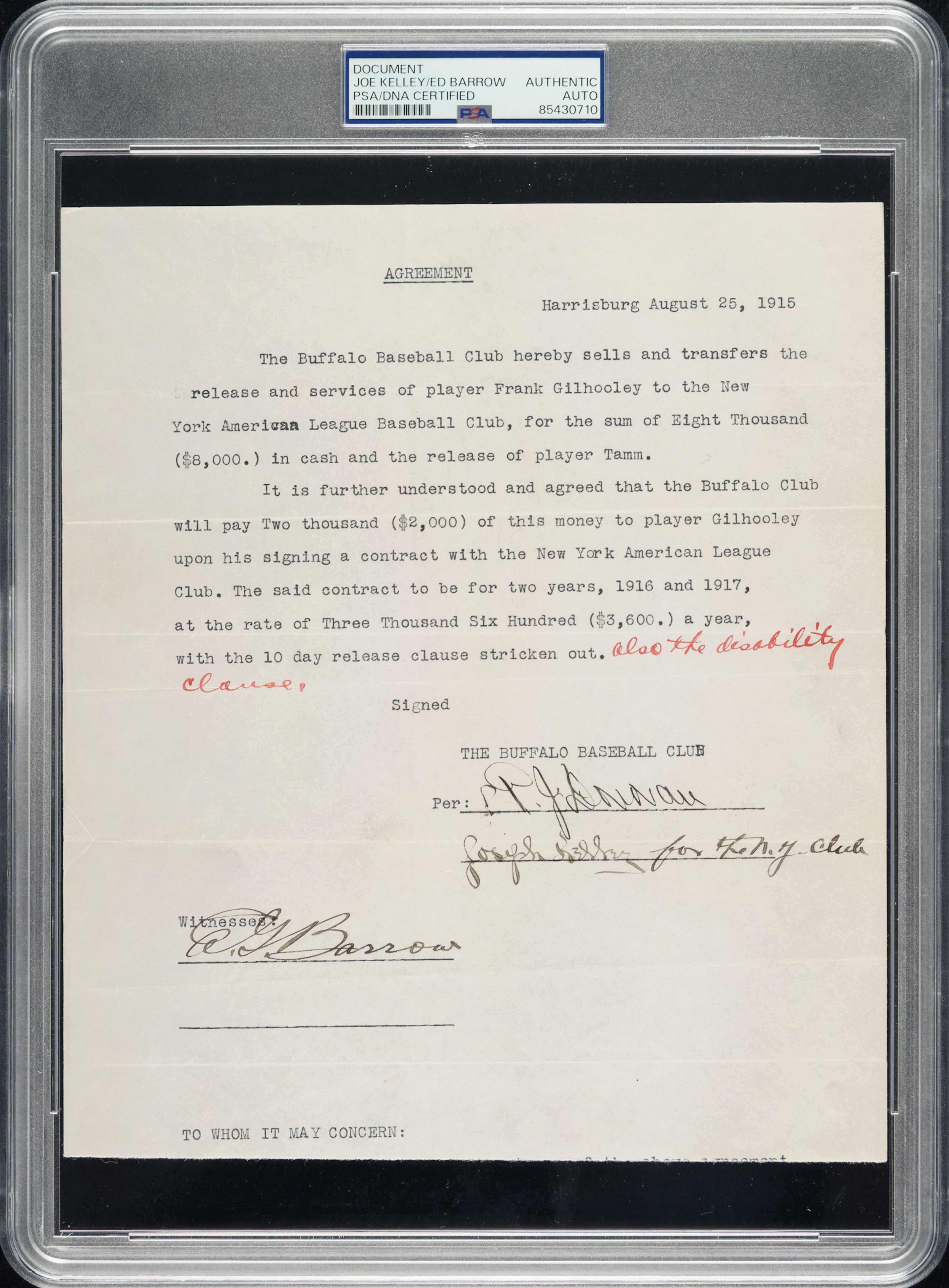 1915 Joe Kelley Signed Player-Transfer Agreement - Also Signed by