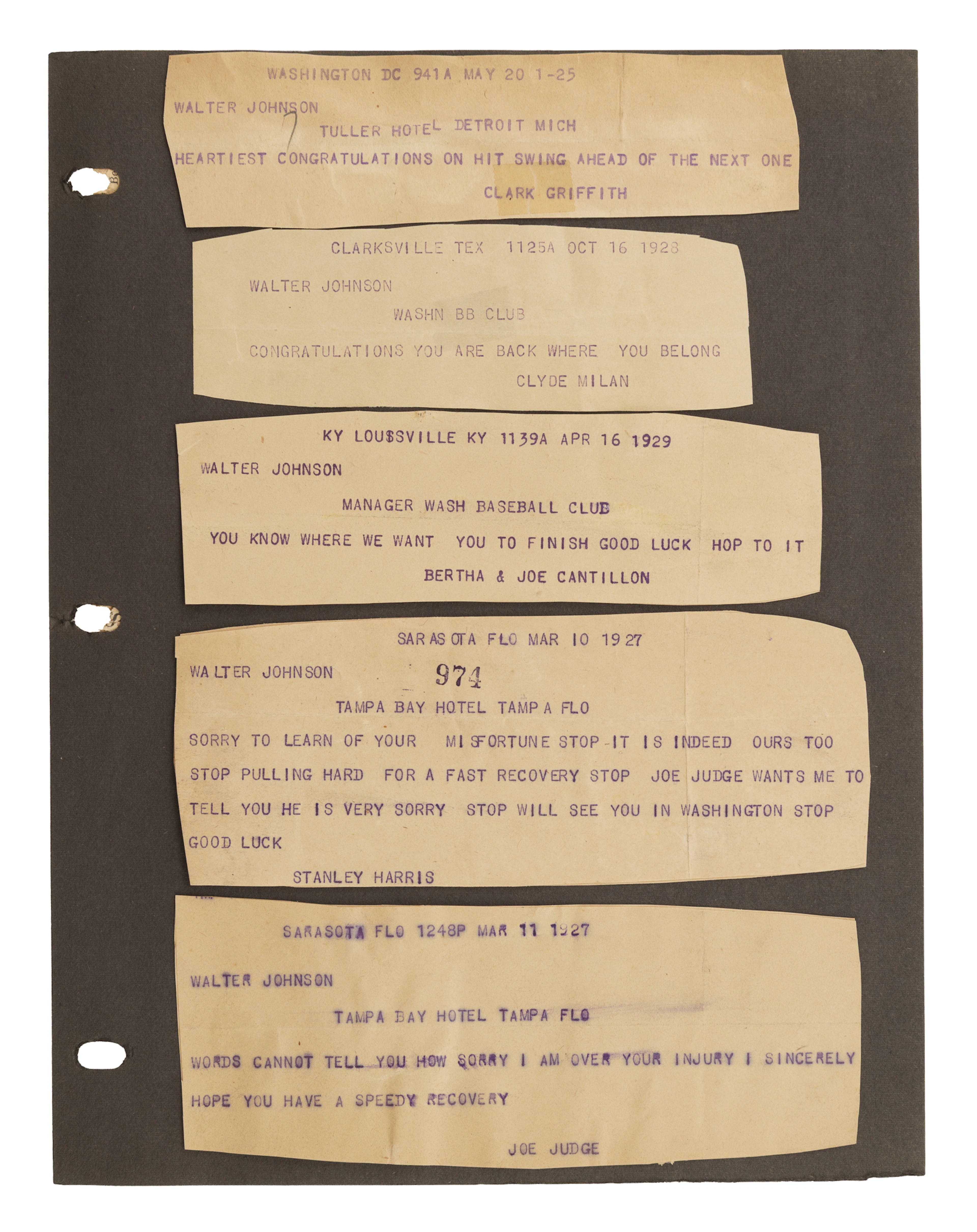 1920s Telegrams to Walter Johnson from the Johnson Family