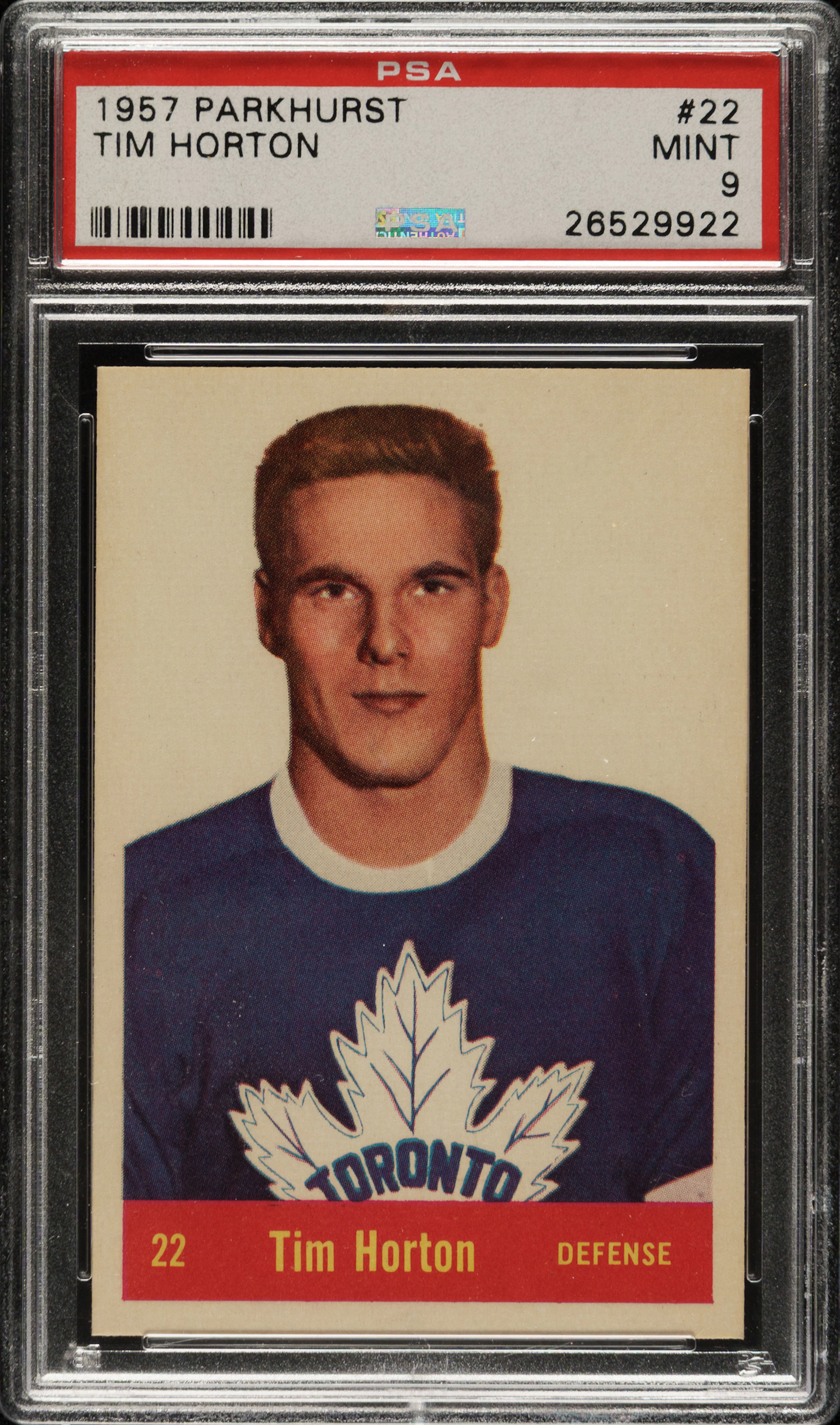1957-1958 Parkhurst Hockey #22 Tim Horton PSA MINT 9
