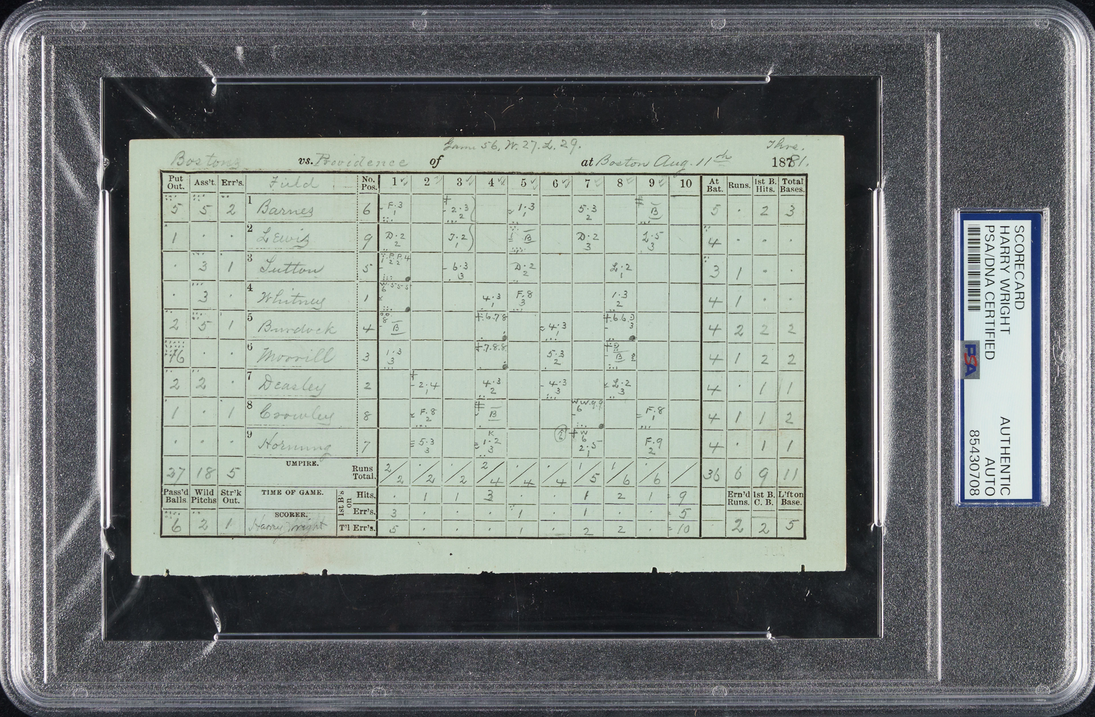 1883 Harry Wright Signed Personal Scorecard - PSA/DNA & JSA