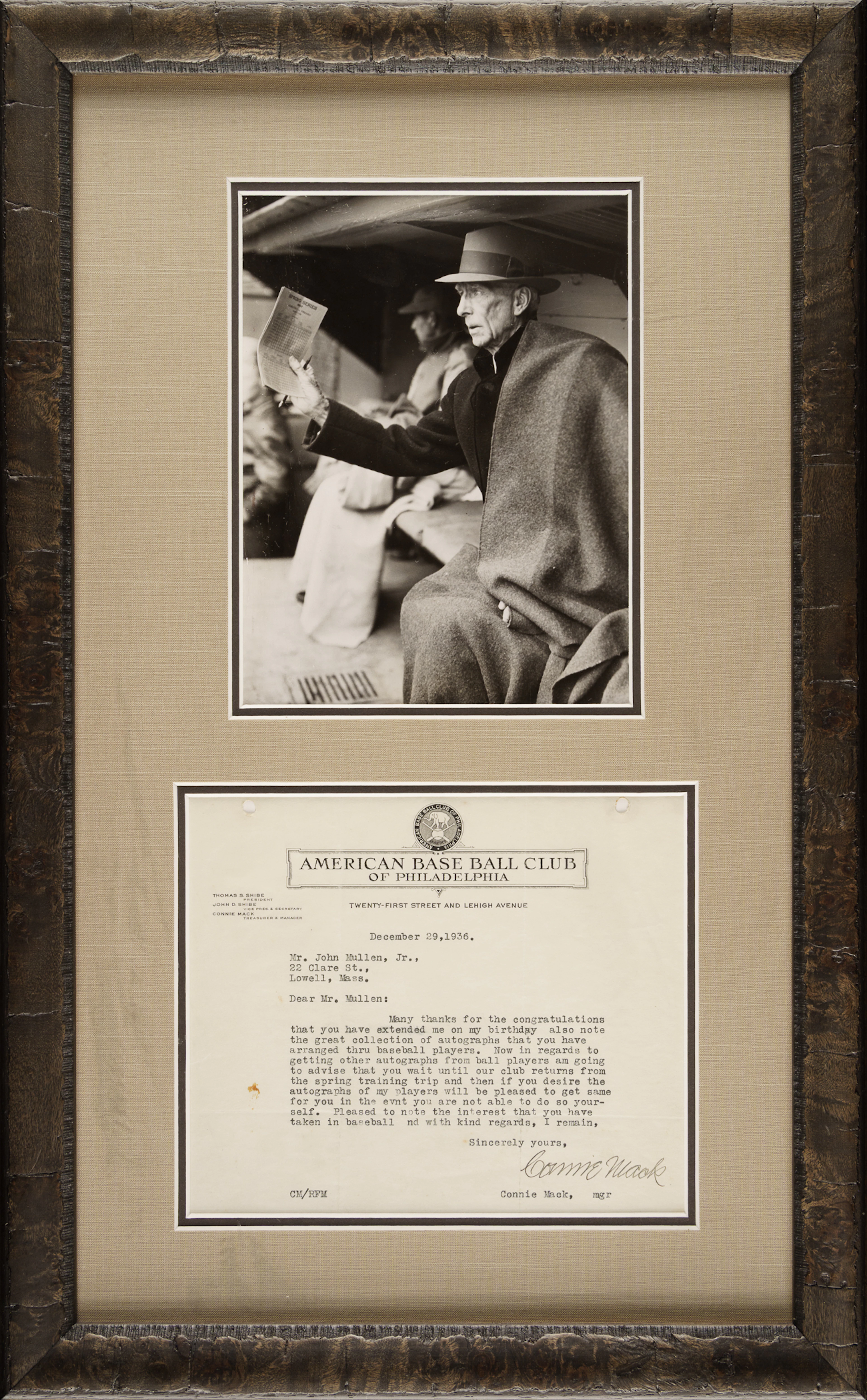 1936 Connie Mack Signed Letter in Framed Display - PSA/DNA