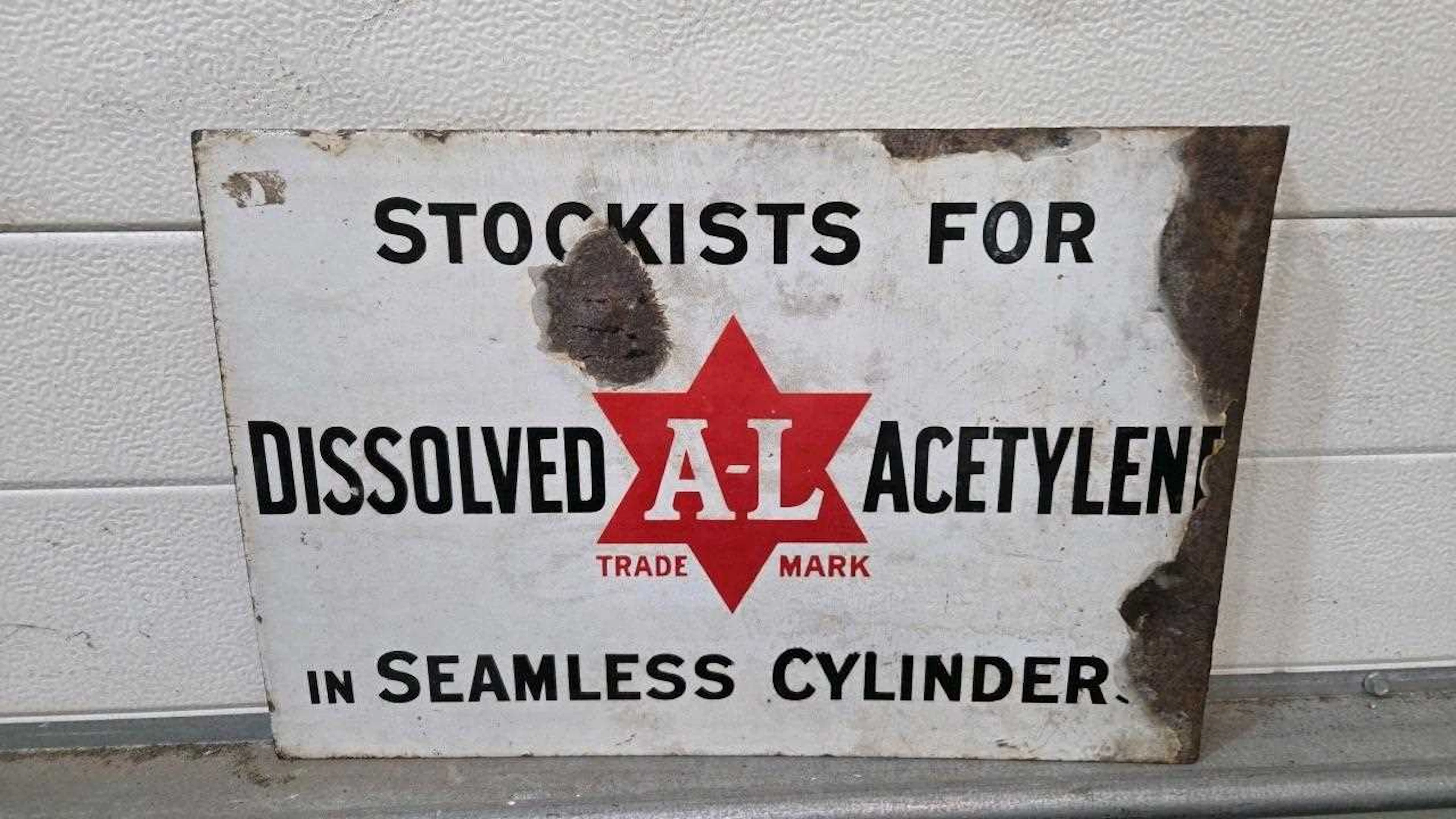 STOCKISTS FOR DISSOLVED ACETYLENE , DOUBLE SIDED ENAMEL SIGN 18" X 12"