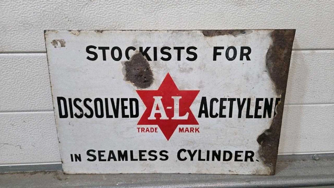 STOCKISTS FOR DISSOLVED ACETYLENE , DOUBLE SIDED ENAMEL SIGN 18" X 12"