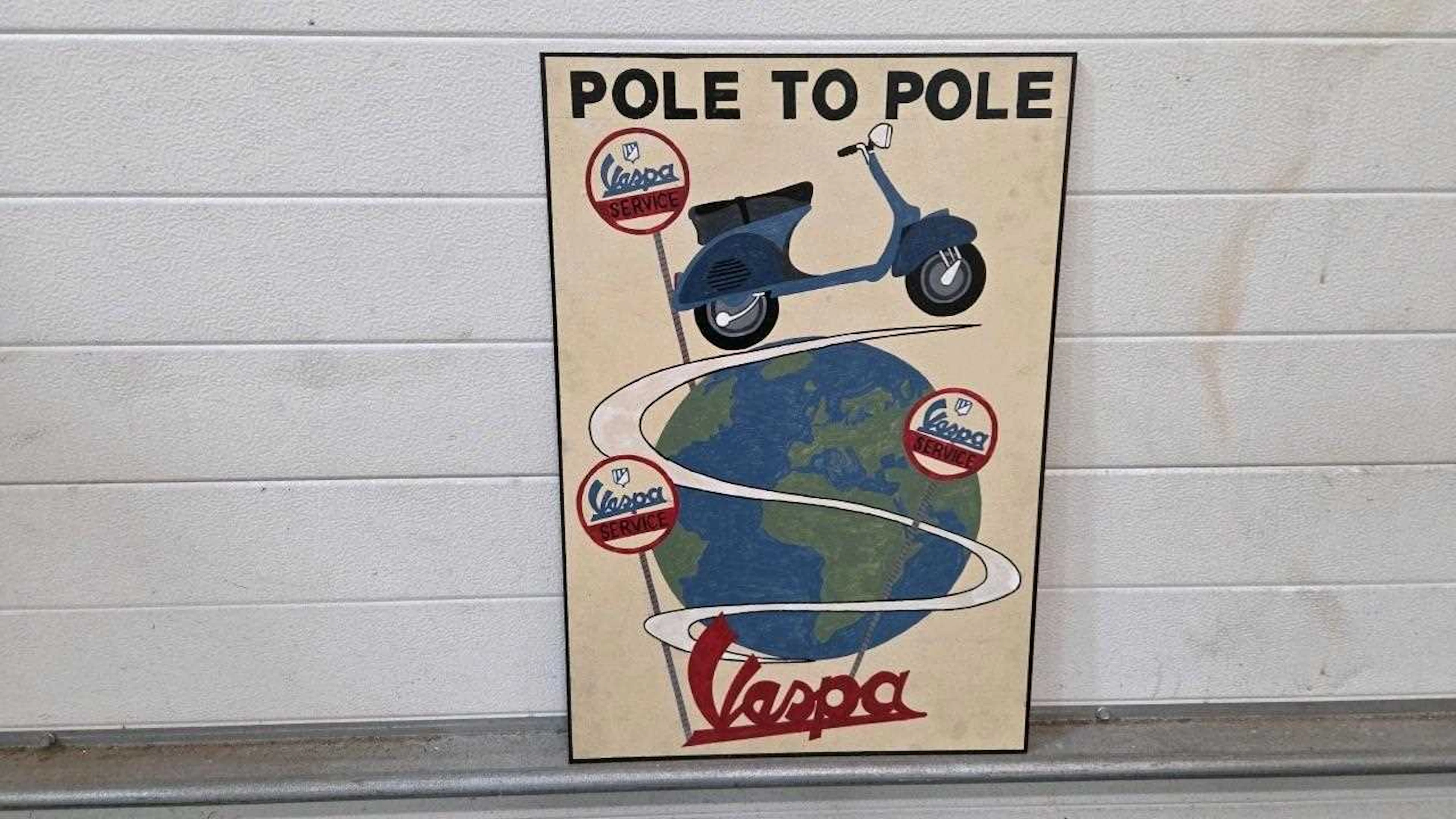 WOODEN HAND PAINTED , VESPA POLE TO POLE SIGN 24" X 16"