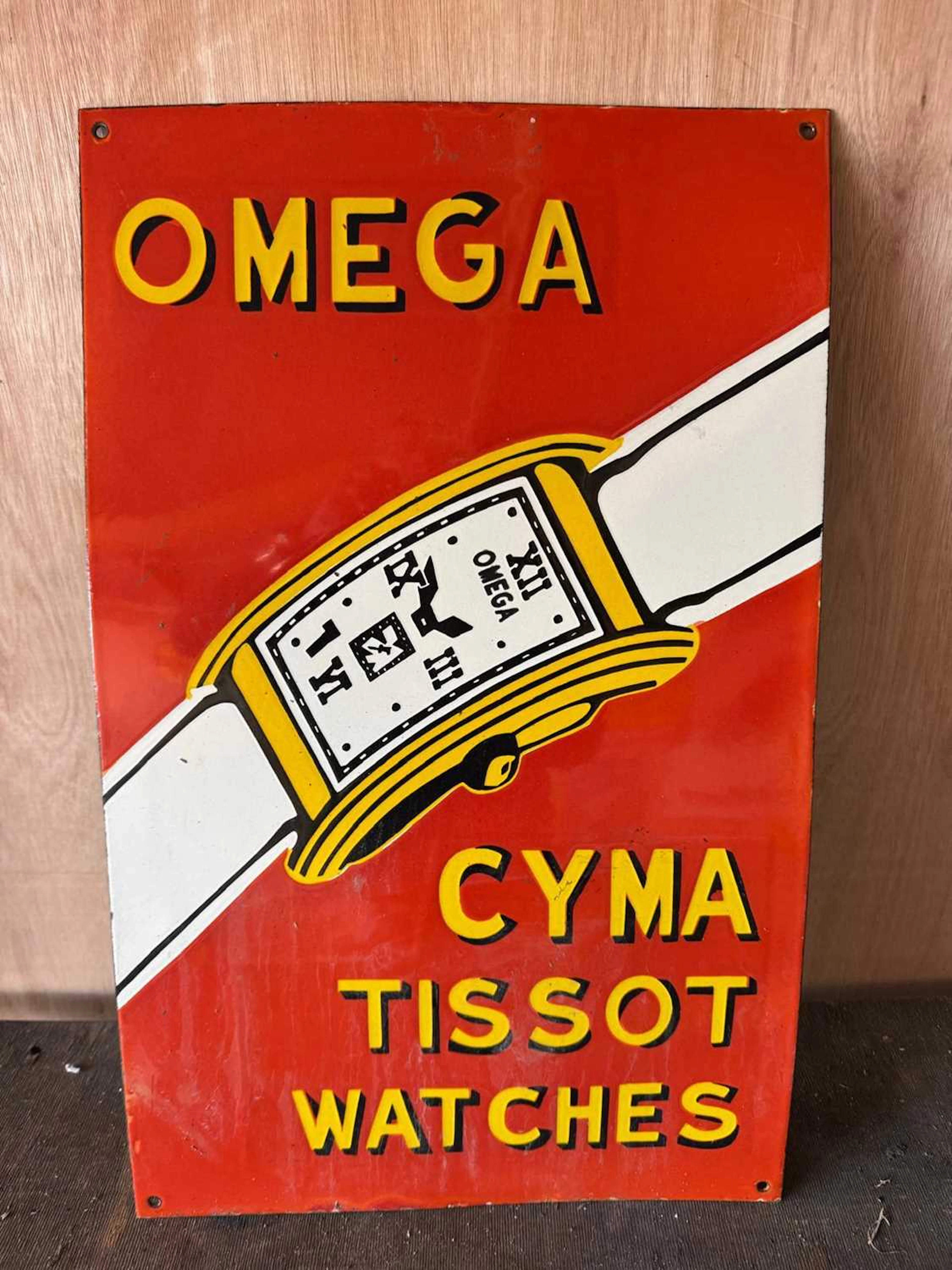OMEGA STYLE REPRO ENAMEL SIGN 24" X 15"