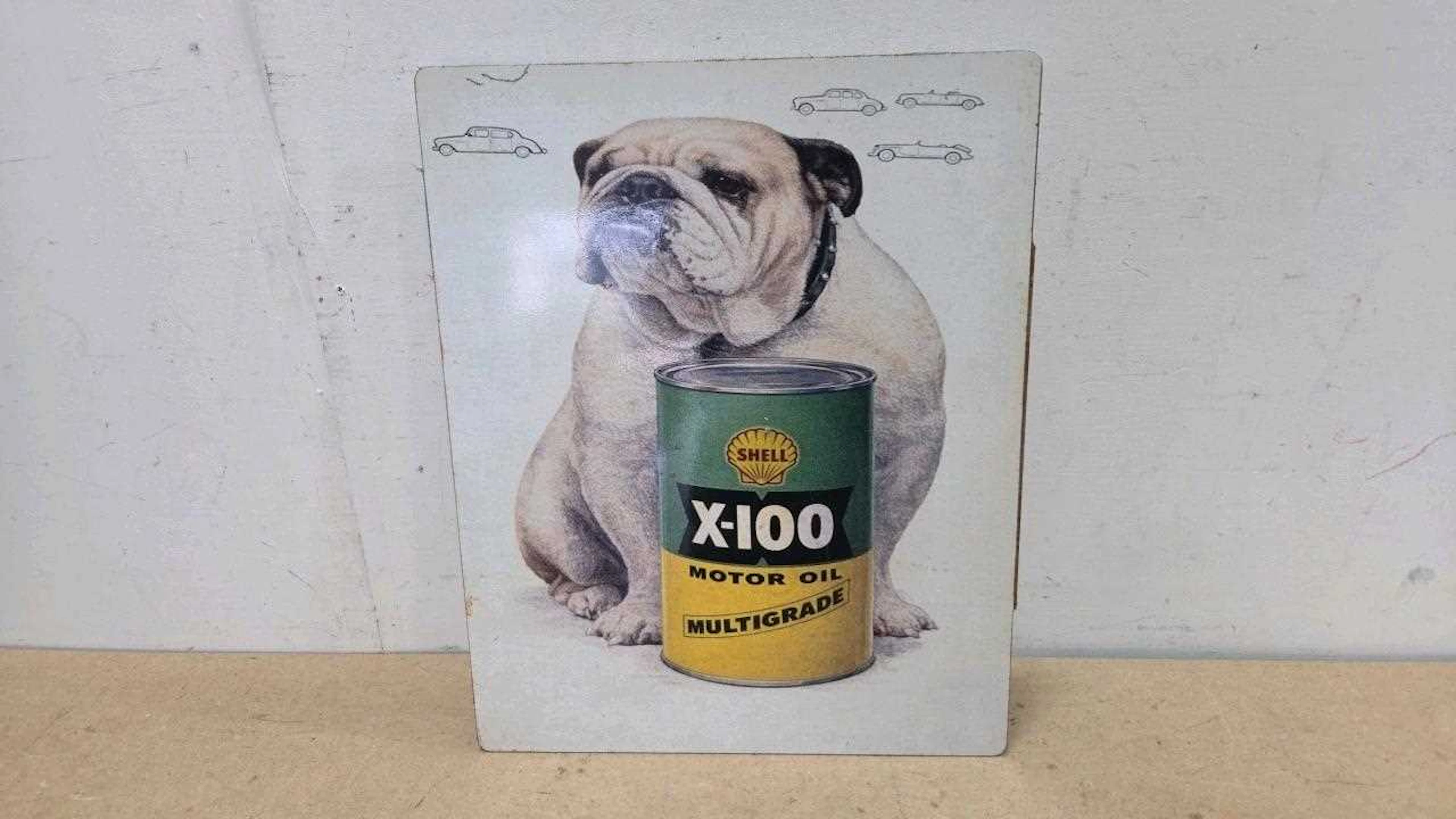 SHELL X-100 MOTOR OIL REPRO , DOUBLE SIDED SIGN 20" X 16"