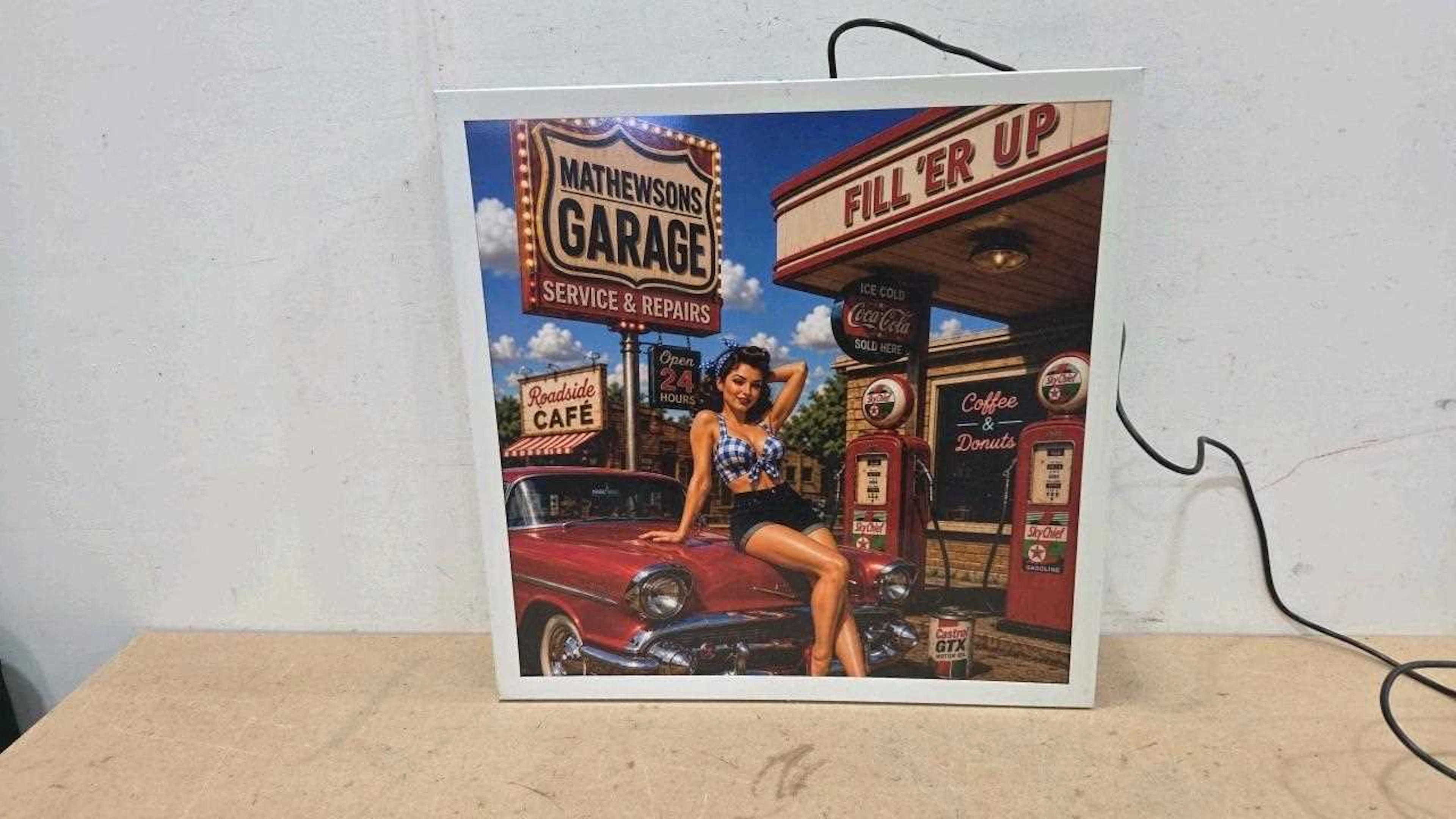MATHEWSONS GARAGE SALES & SERVICE ILLUMINATED SIGN 24" X 24"