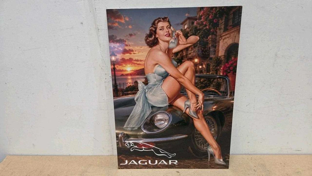 JAGUAR PIN UP GIRL STEEL REPRO SIGN 22" X 16"
