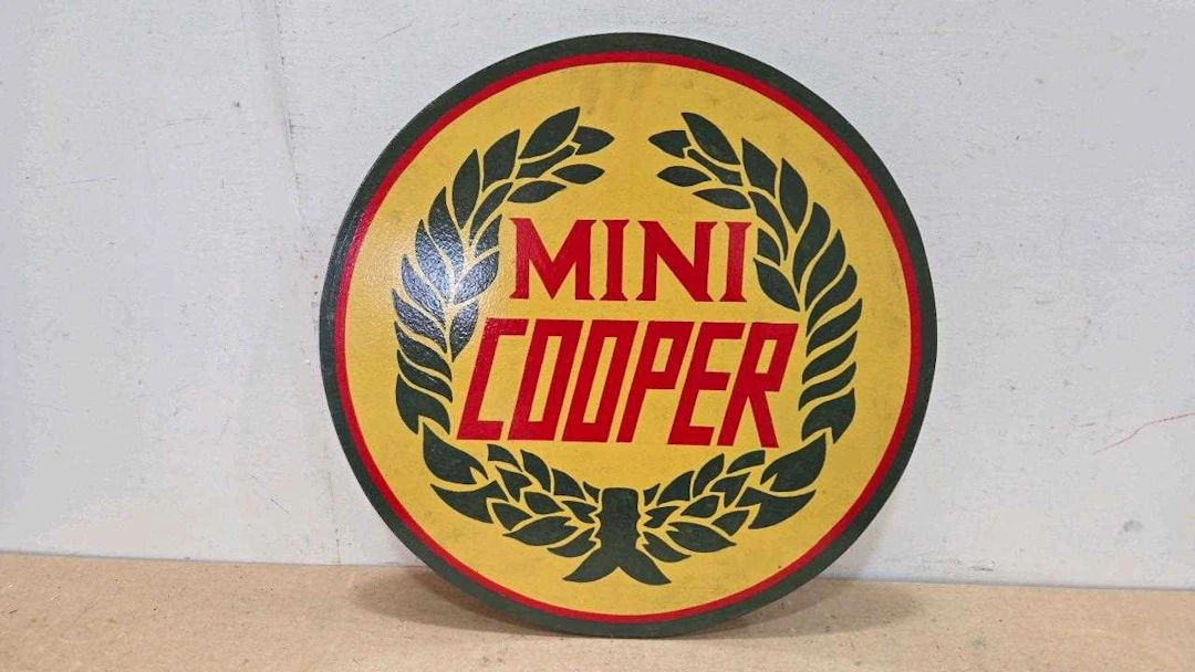 MINI COOPER WOODEN HAND PAINTED SIGN 23" DIA- ALL PROCEEDS TO CHARITY