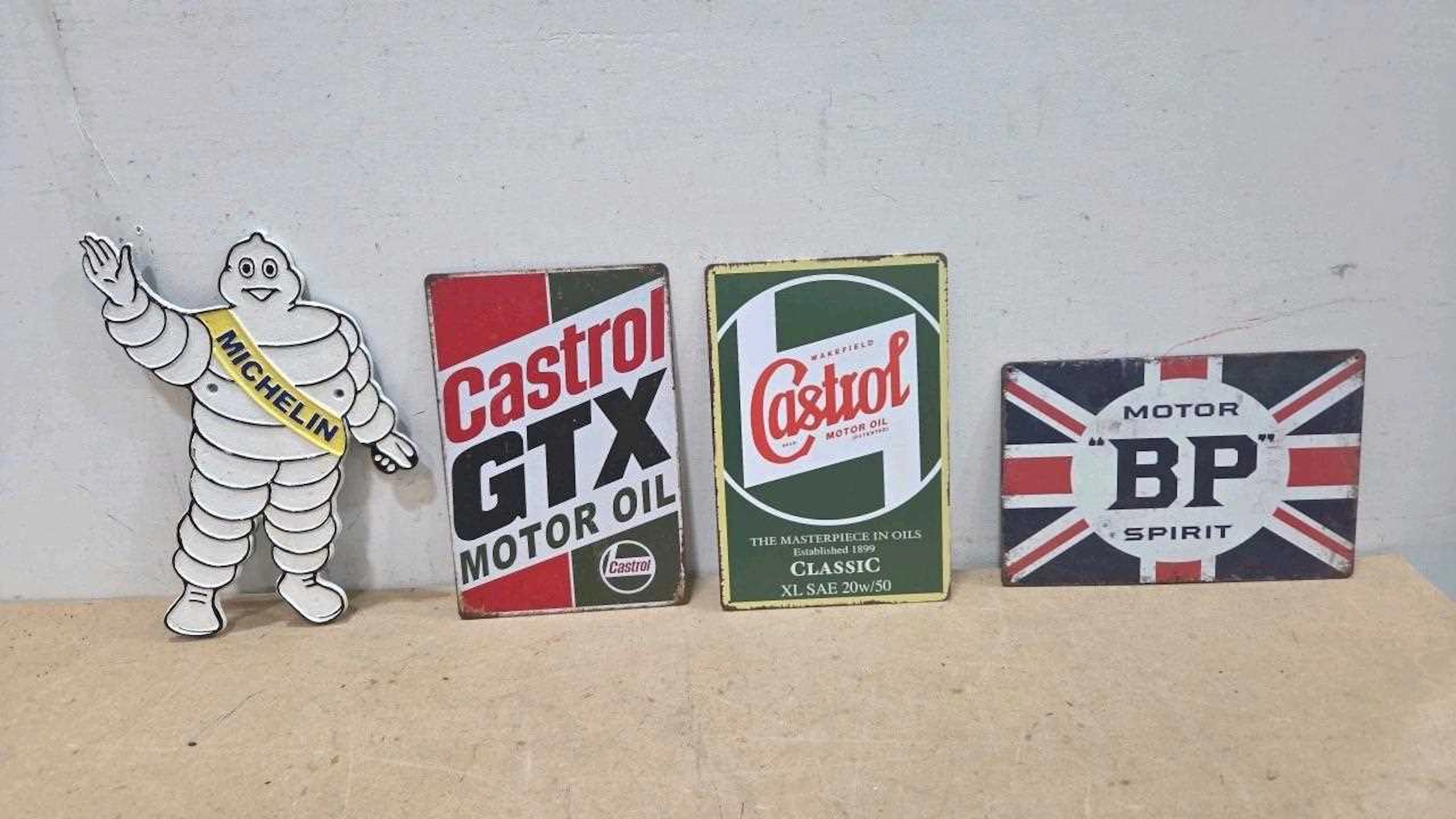 3x TIN CASTROL & BP REPRO SIGNS + CAST RERPO MICHELIN MAN SIGN 13" X 11"