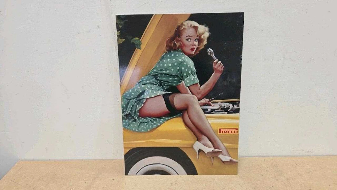 STEEL PIRELLI PIN UP GIRL REPRO SIGN 22" X 16"