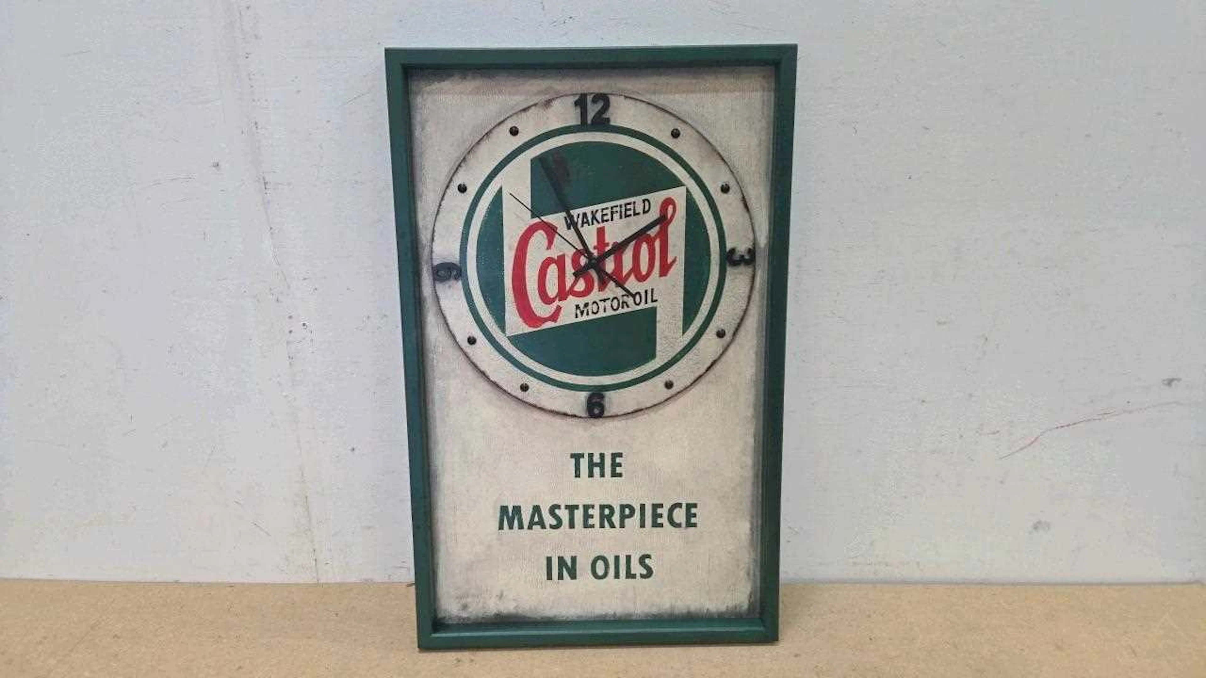 HAND PAINTED REPRO CASTROL GARAGE CLOCK 25" X 16"