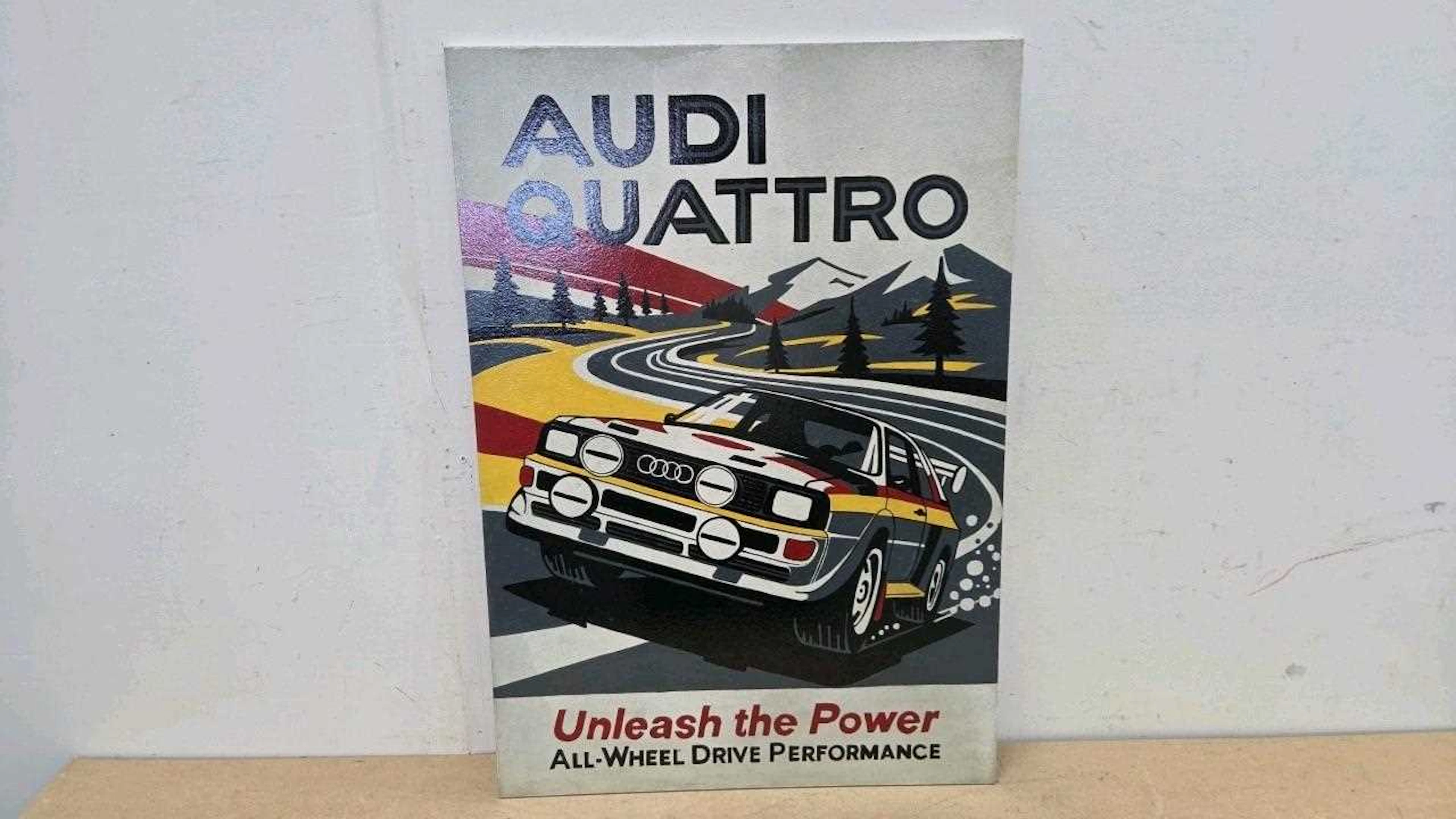 WOODEN HAND PAINTED AUDI QUATTRO SIGN 28" X 20"